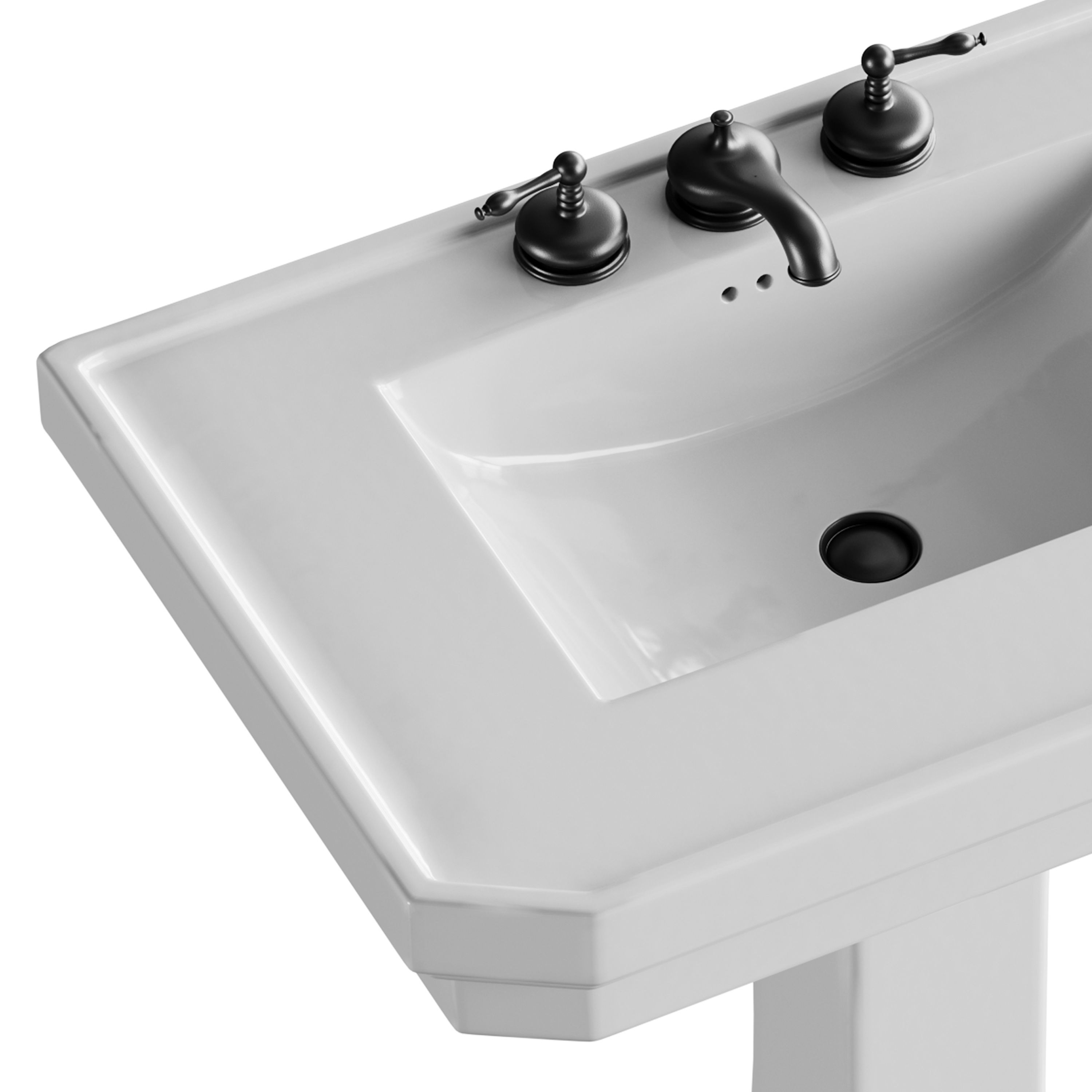 Victorian Pedestal Sink with Widespread Black Belle Faucet 3D model_3