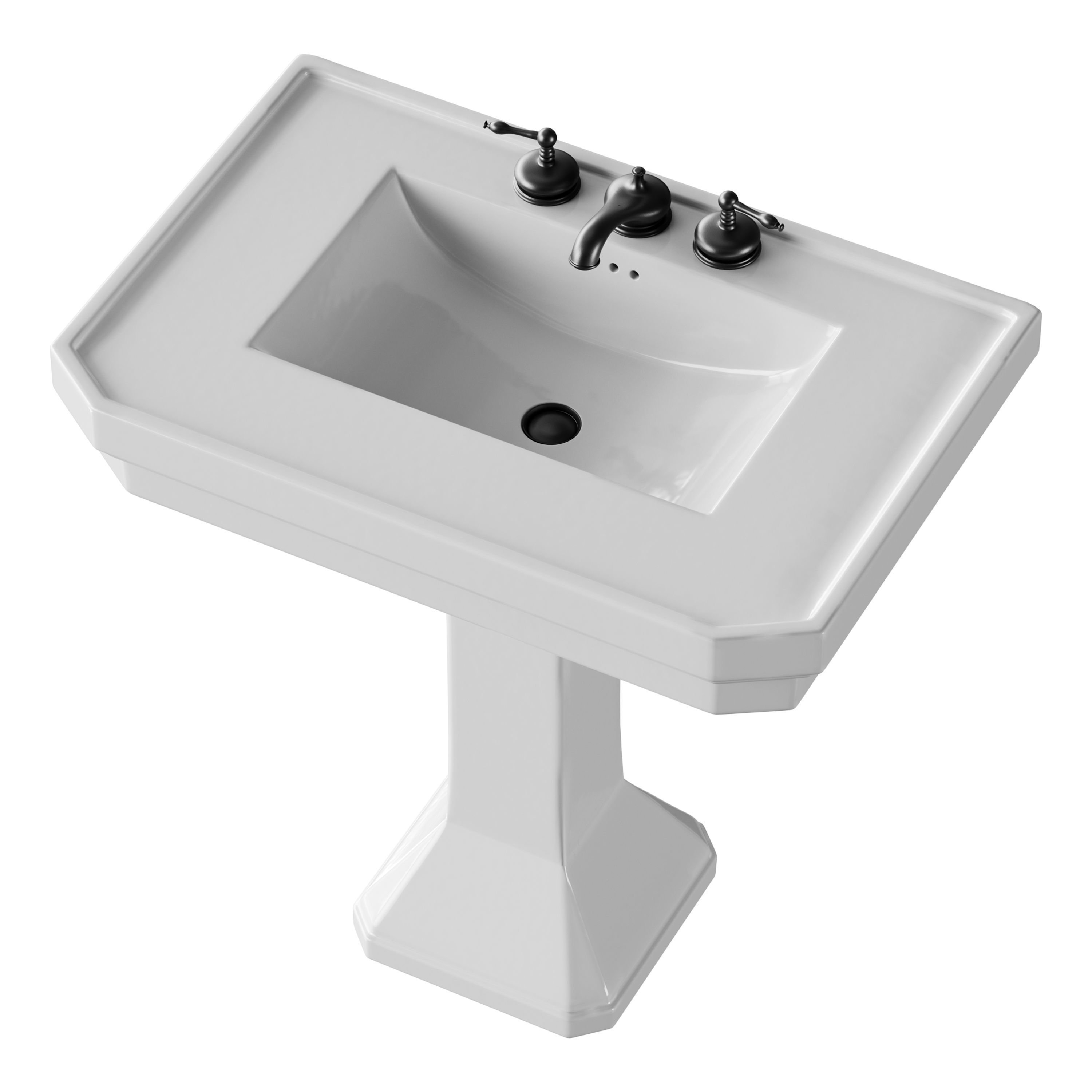 Victorian Pedestal Sink with Widespread Black Belle Faucet 3D model_1