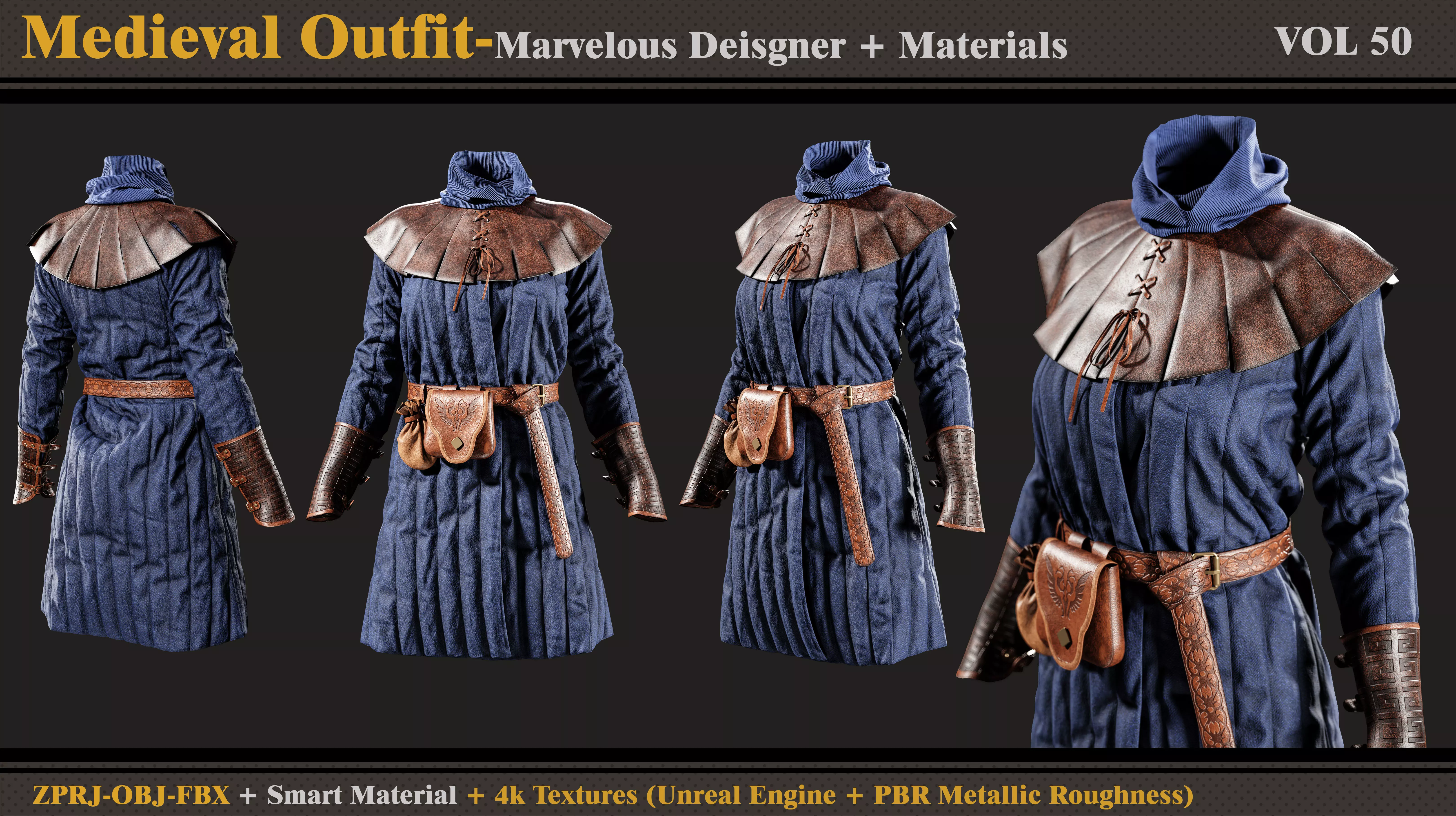 Medieval Outfit- MD-Clo3d-Smart Material-Textures-OBJ-FBX 3D model