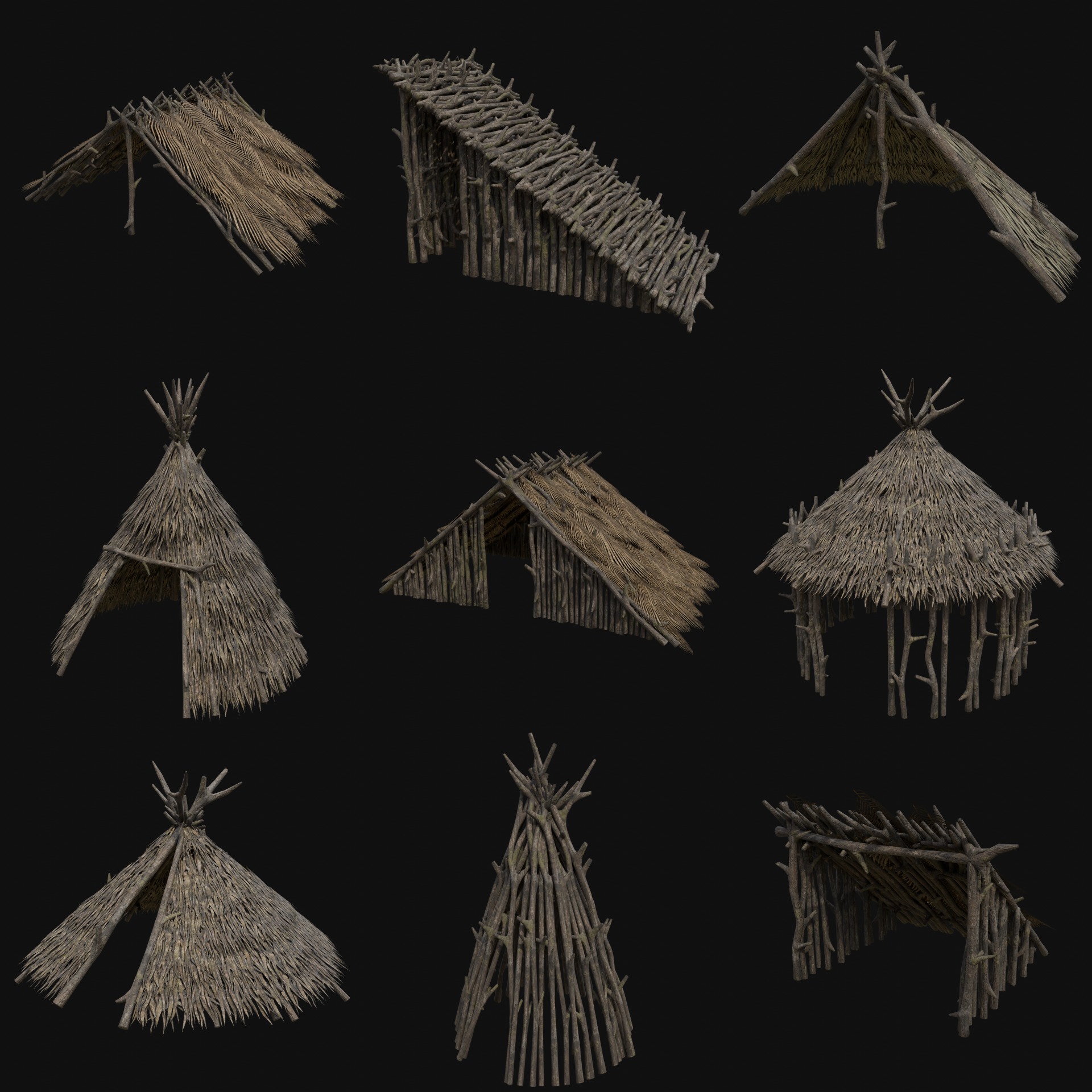 PRIMITIVE SHELTER HUTS COTTAGE HOUSE NATIVE PRIMAL COLLECTION Low-poly 3D model_37