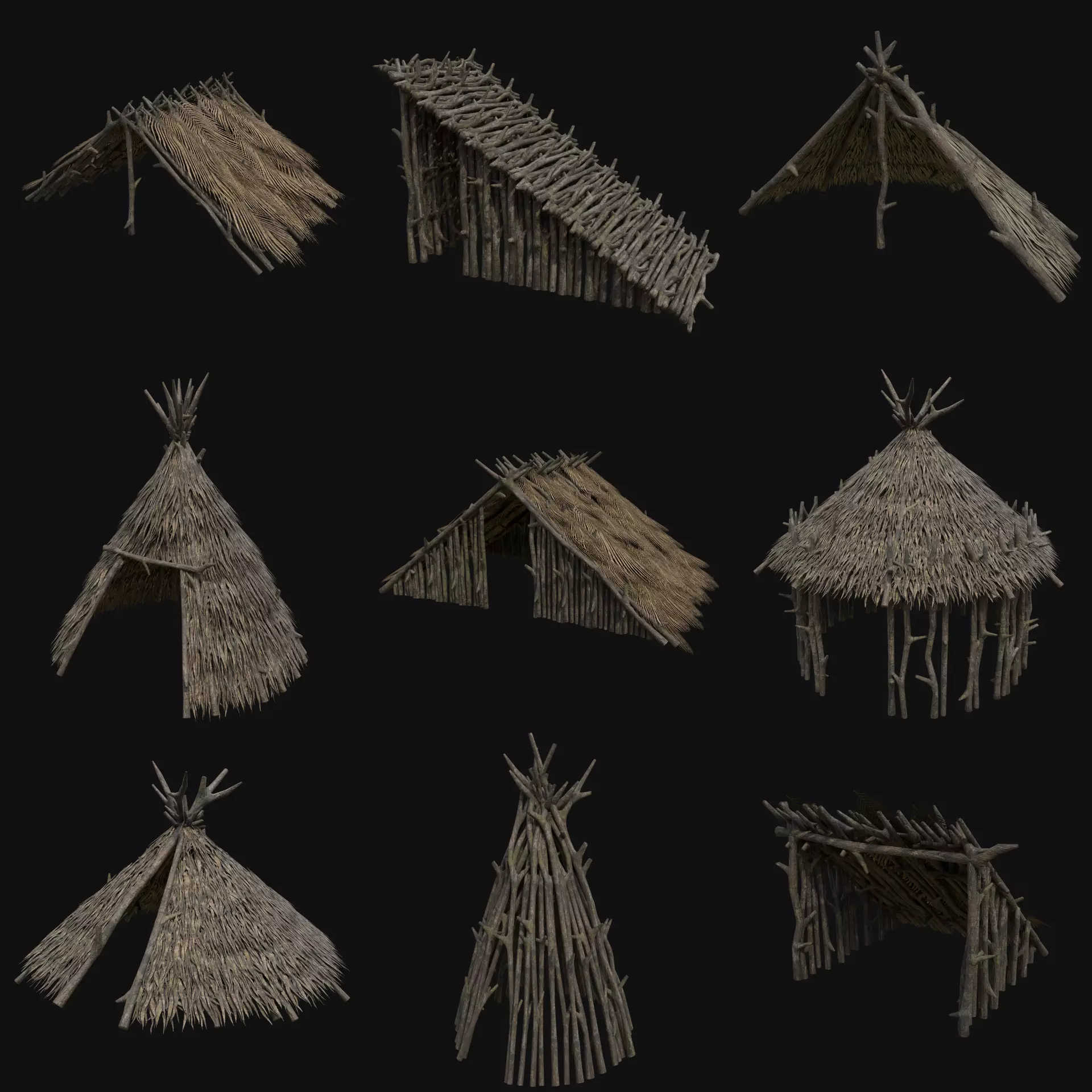 PRIMITIVE SHELTER HUTS COTTAGE HOUSE NATIVE PRIMAL COLLECTION Low-poly 3D model_0