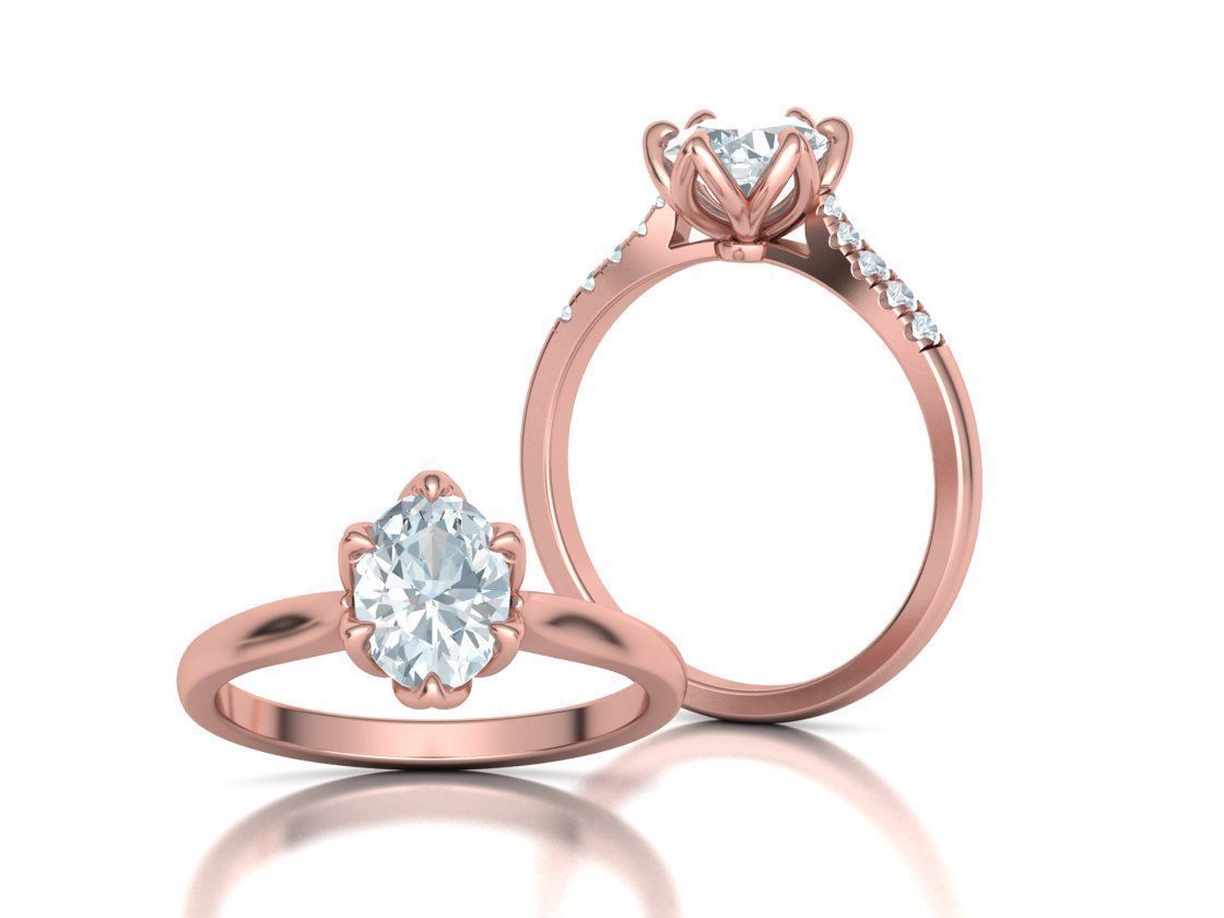 Tulip Head 8x6 Oval Stone Solitaire Engagement Ring 1ct Oval 3D print model_32