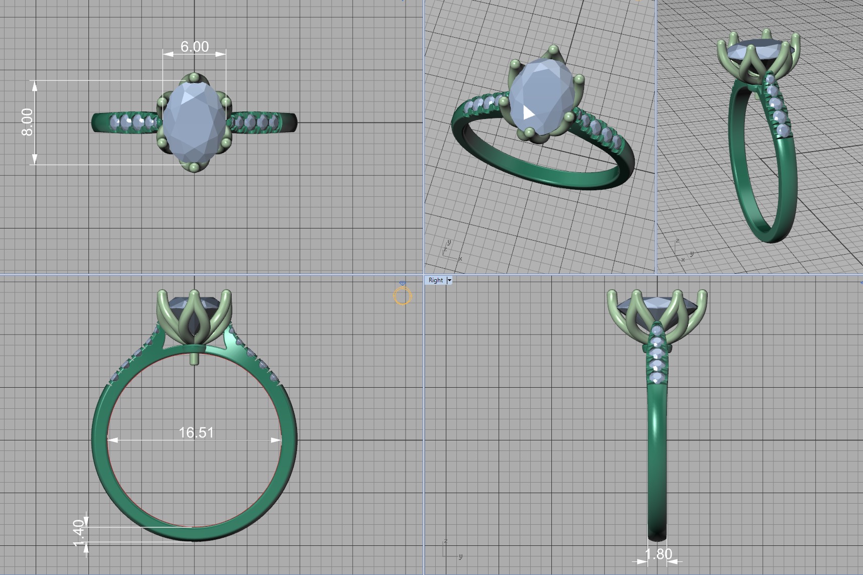 Tulip Head 8x6 Oval Stone Solitaire Engagement Ring 1ct Oval 3D print model_7