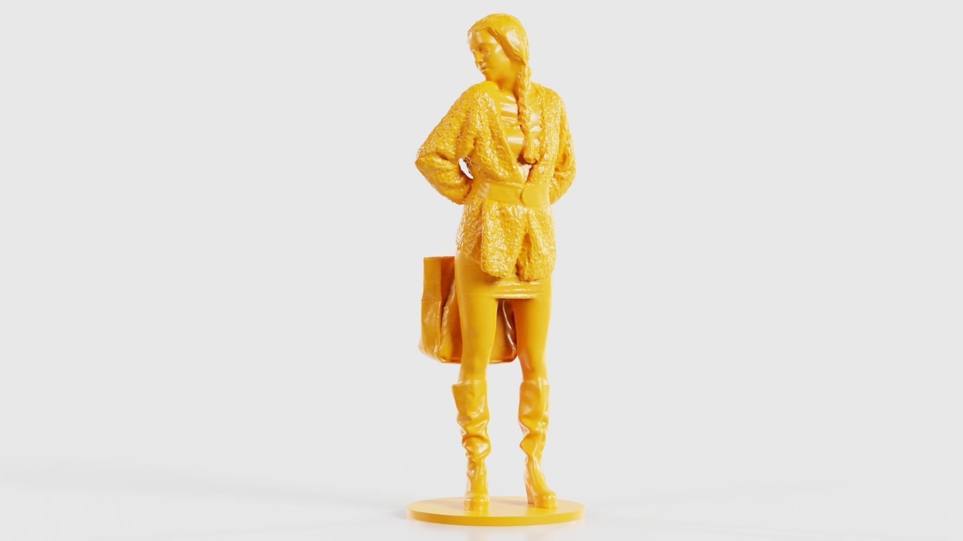 Woman Wearing Wool Coat and Boots Holding Bag Behind Back 3D print model_26