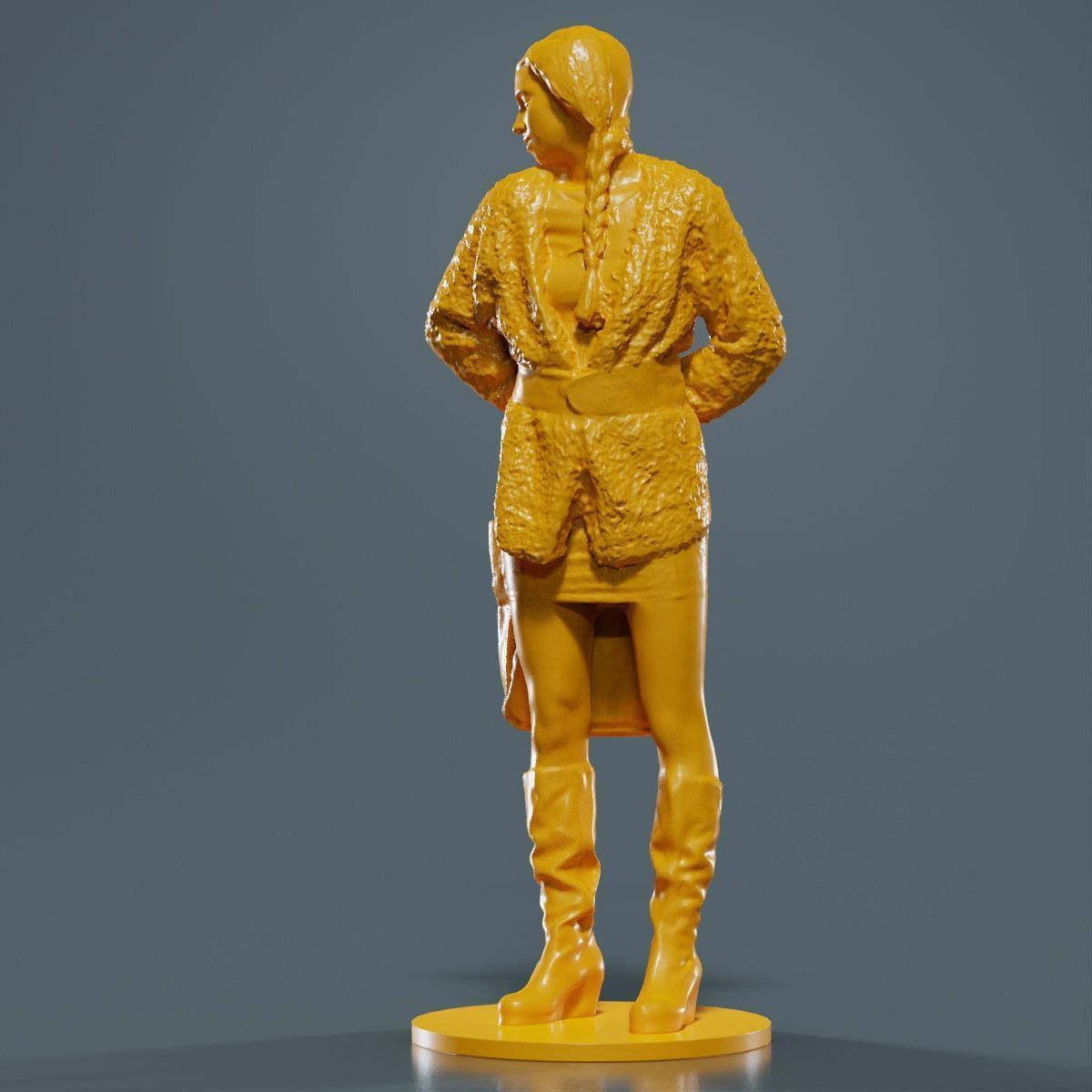 Woman Wearing Wool Coat and Boots Holding Bag Behind Back 3D print model_14