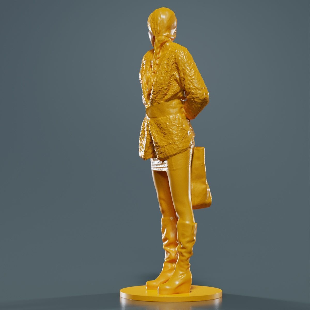 Woman Wearing Wool Coat and Boots Holding Bag Behind Back 3D print model_13