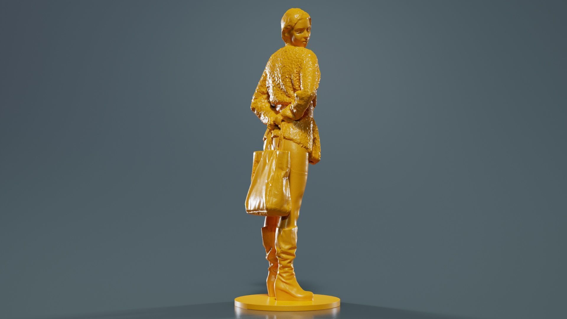 Woman Wearing Wool Coat and Boots Holding Bag Behind Back 3D print model_4