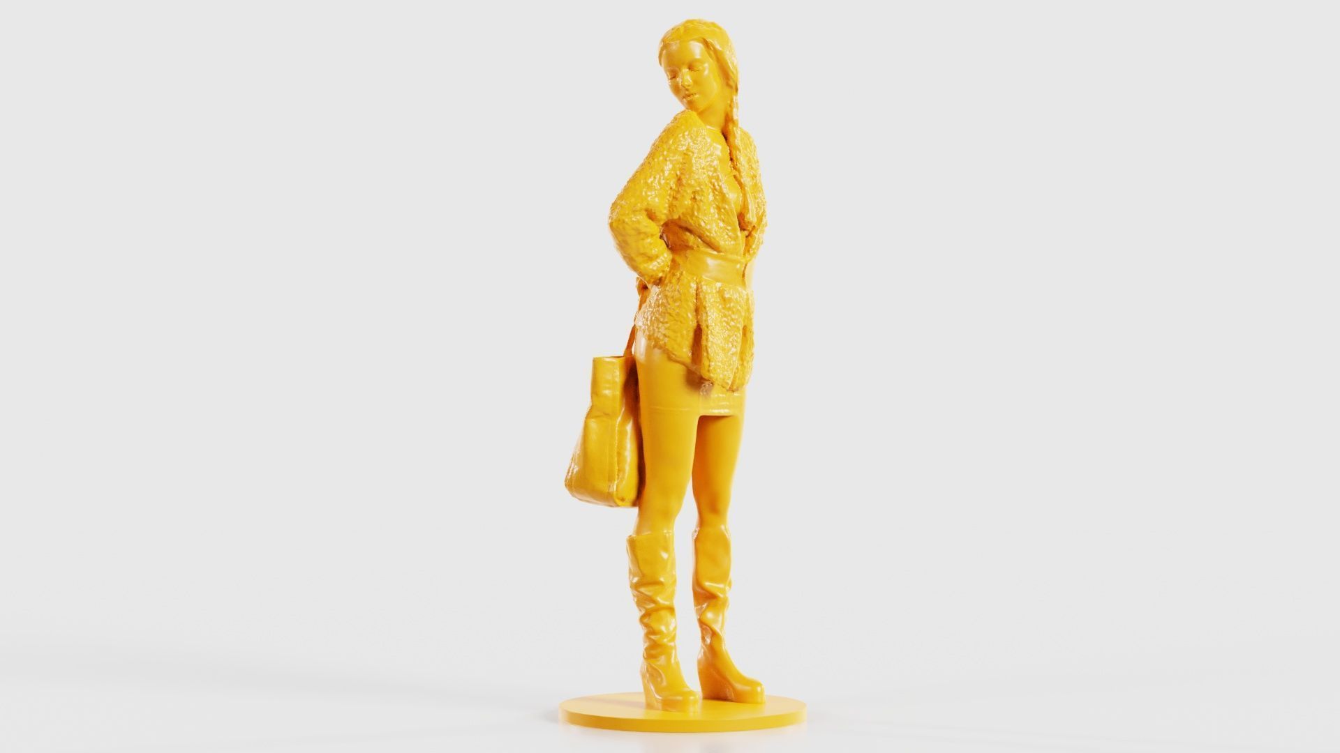 Woman Wearing Wool Coat and Boots Holding Bag Behind Back 3D print model_27