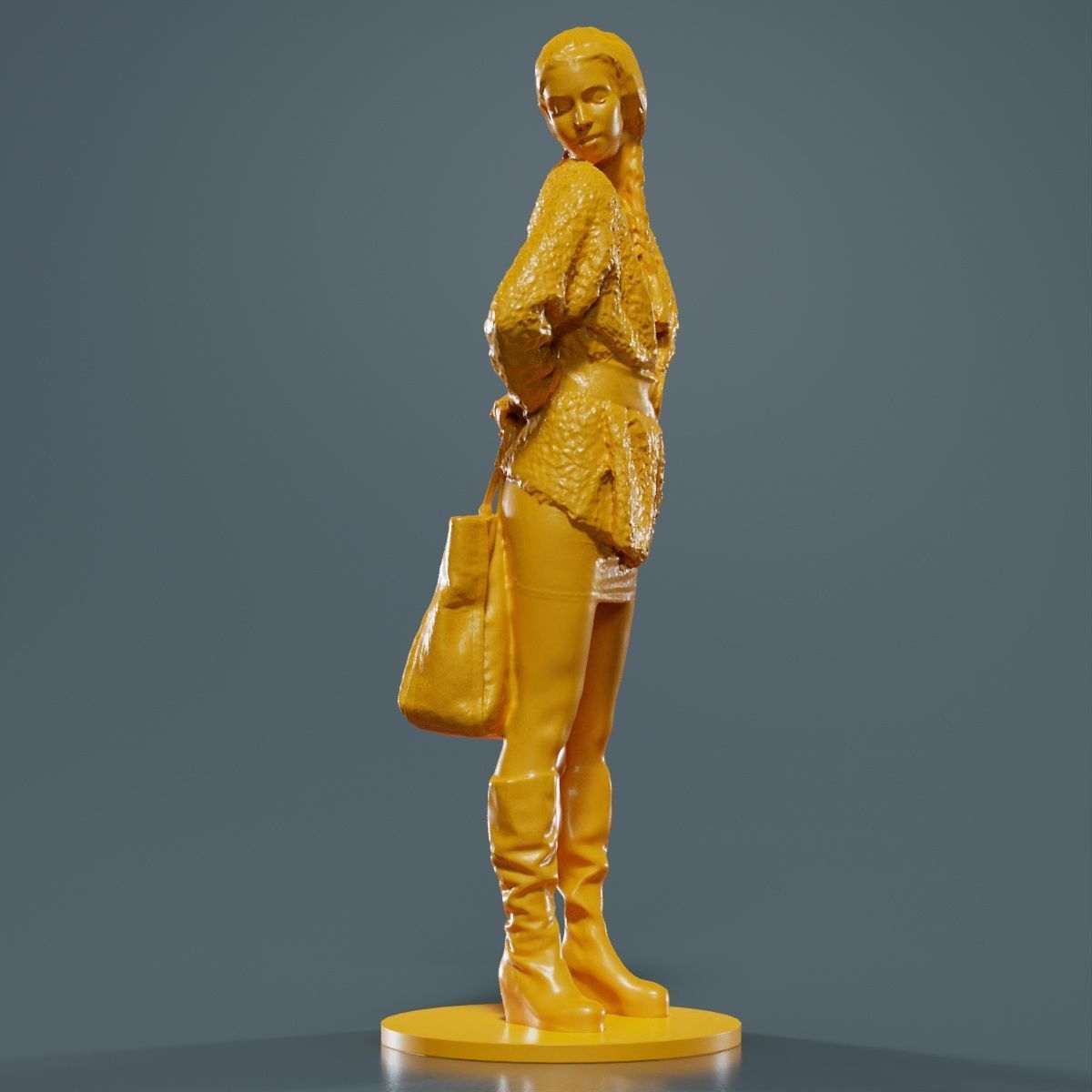 Woman Wearing Wool Coat and Boots Holding Bag Behind Back 3D print model_16