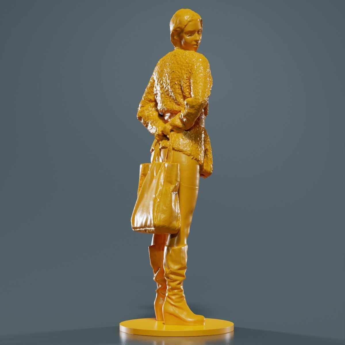 Woman Wearing Wool Coat and Boots Holding Bag Behind Back 3D print model_9