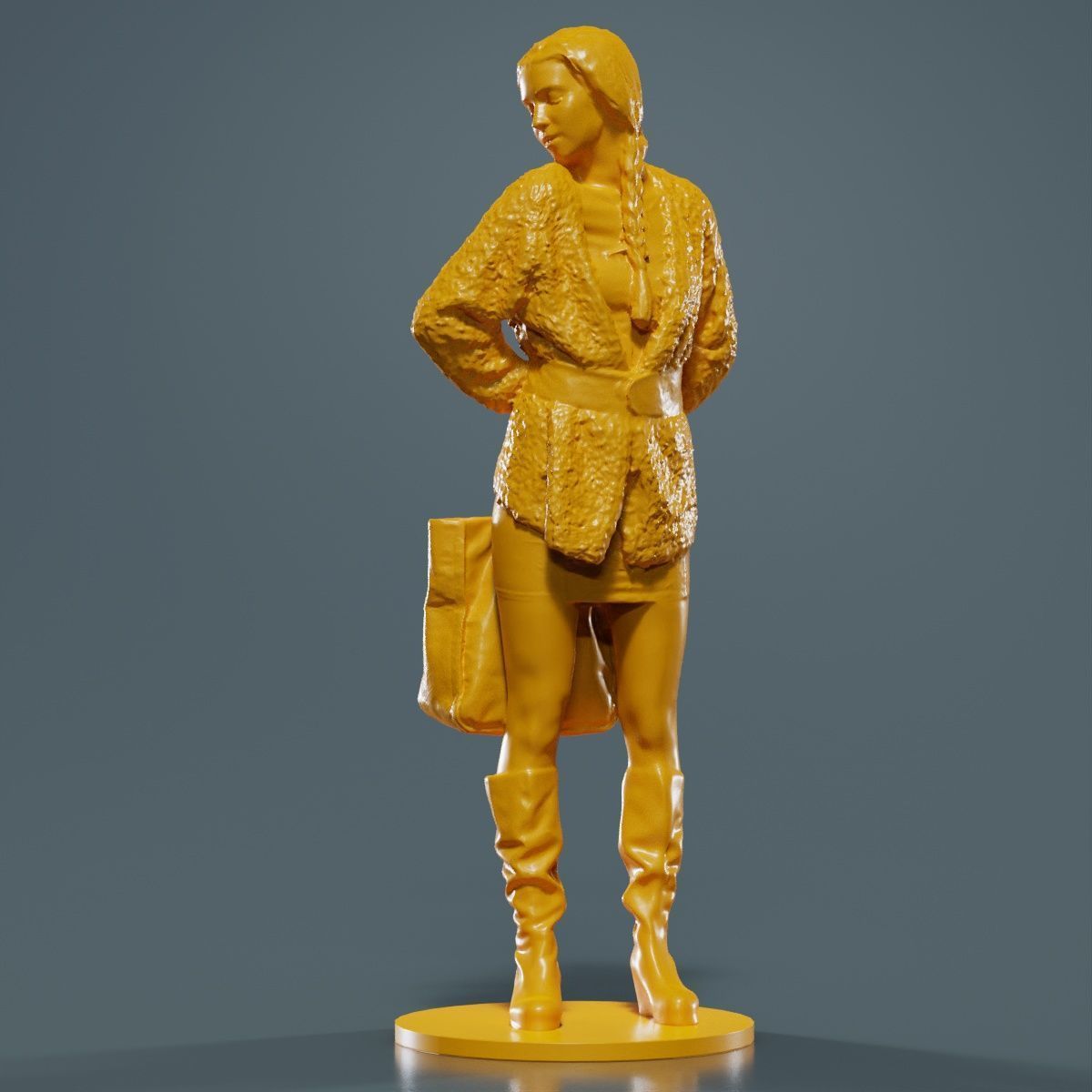 Woman Wearing Wool Coat and Boots Holding Bag Behind Back 3D print model_15