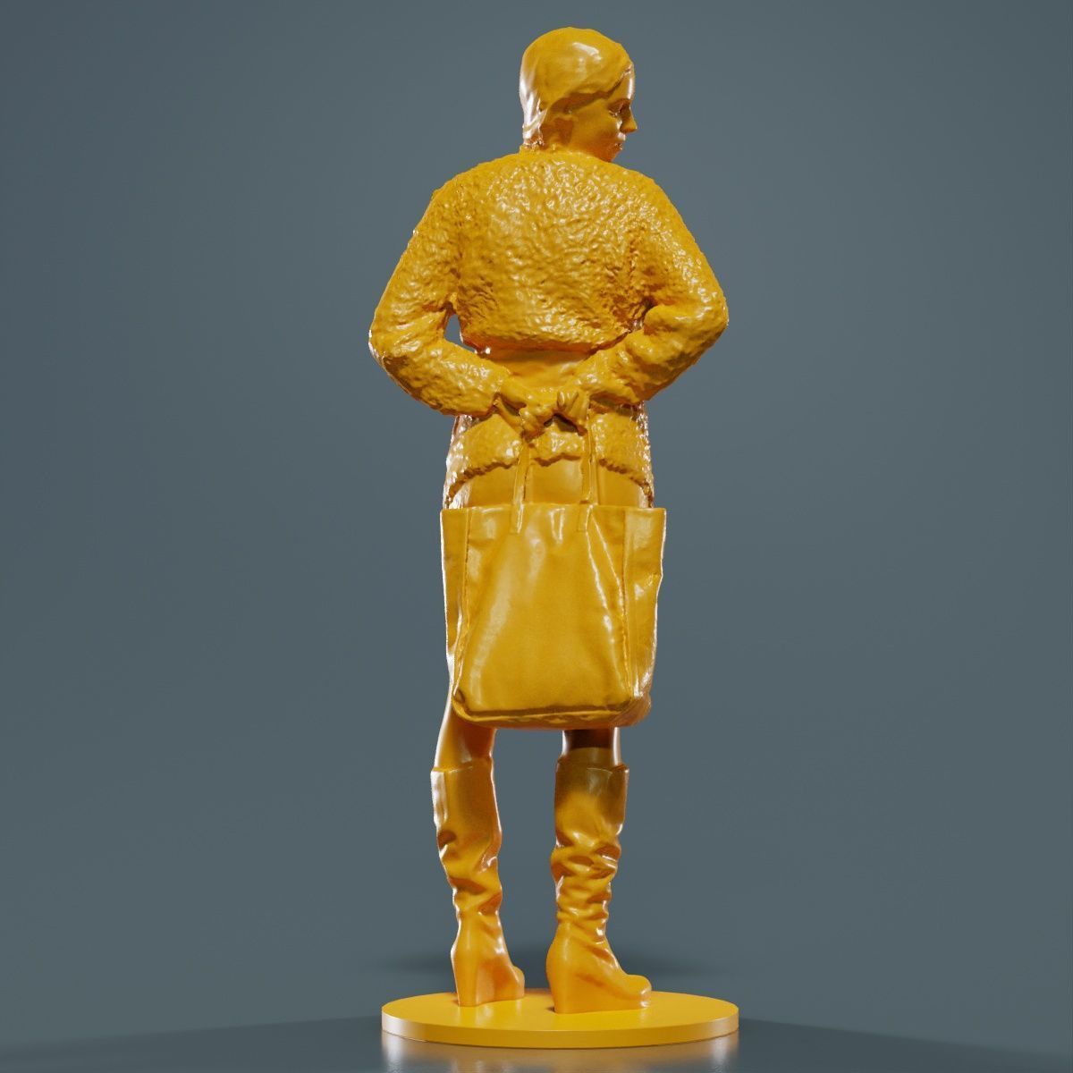 Woman Wearing Wool Coat and Boots Holding Bag Behind Back 3D print model_10