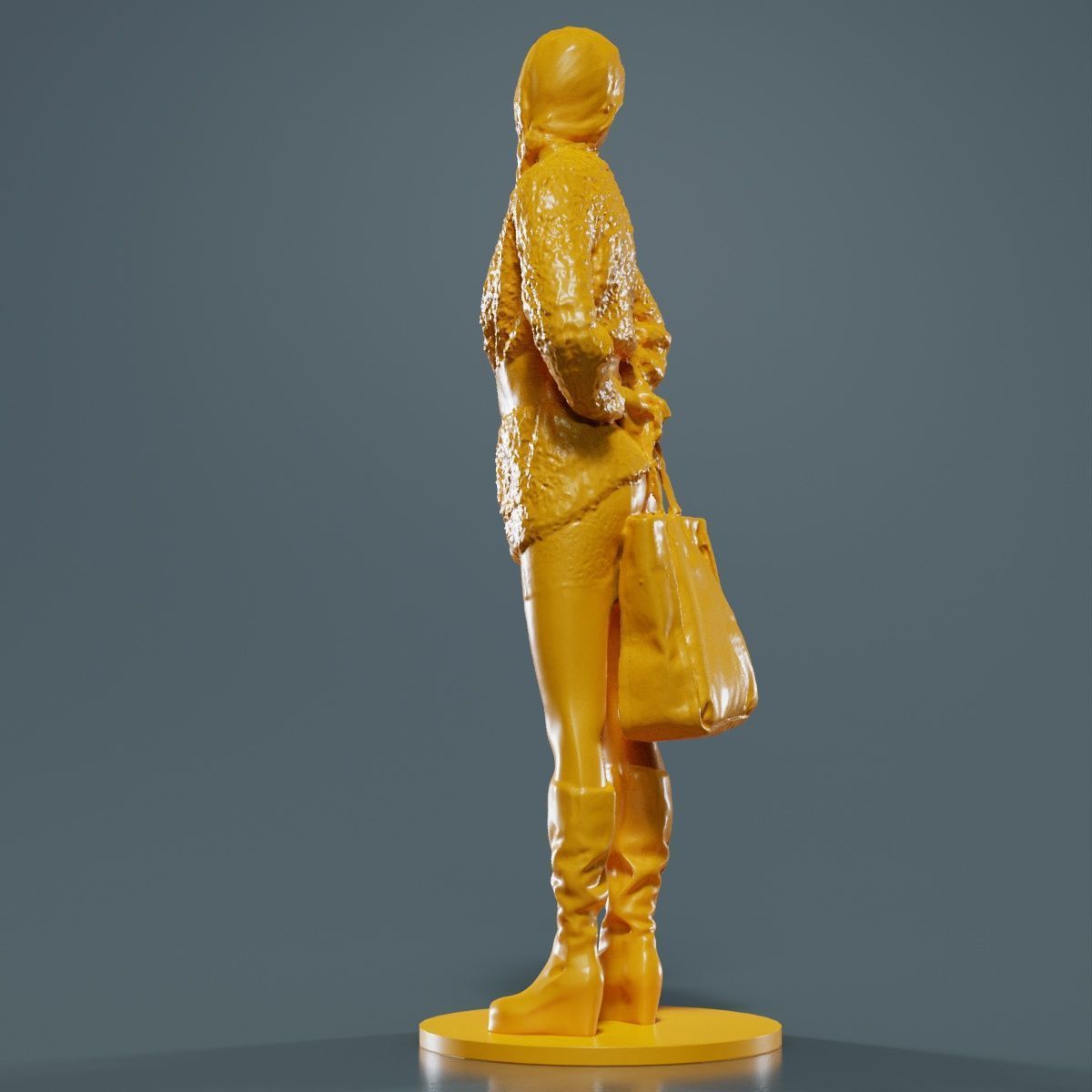 Woman Wearing Wool Coat and Boots Holding Bag Behind Back 3D print model_12