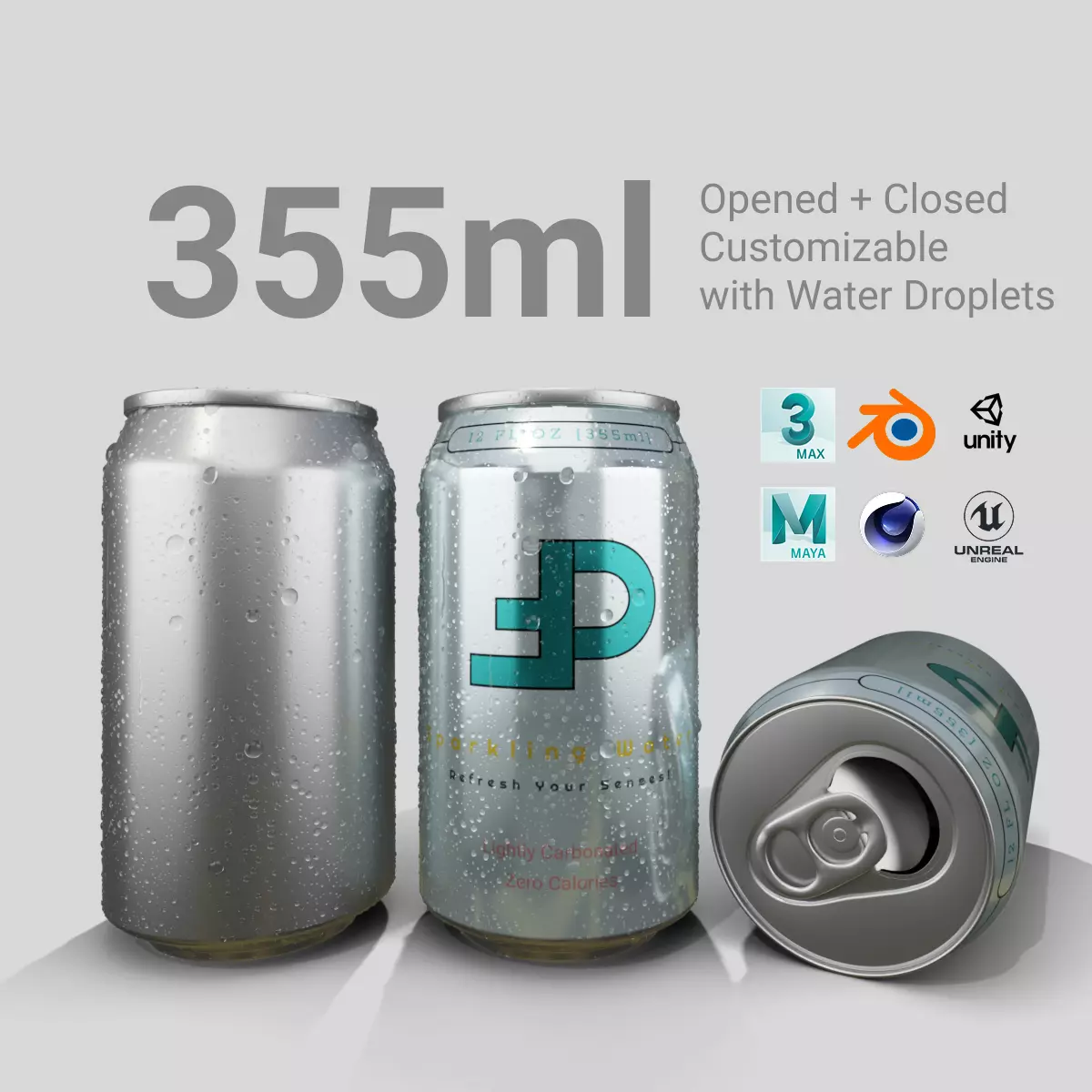 Regular 355ml Beverage Can Open and Closed Tabs with Droplets Low-poly 3D model_0