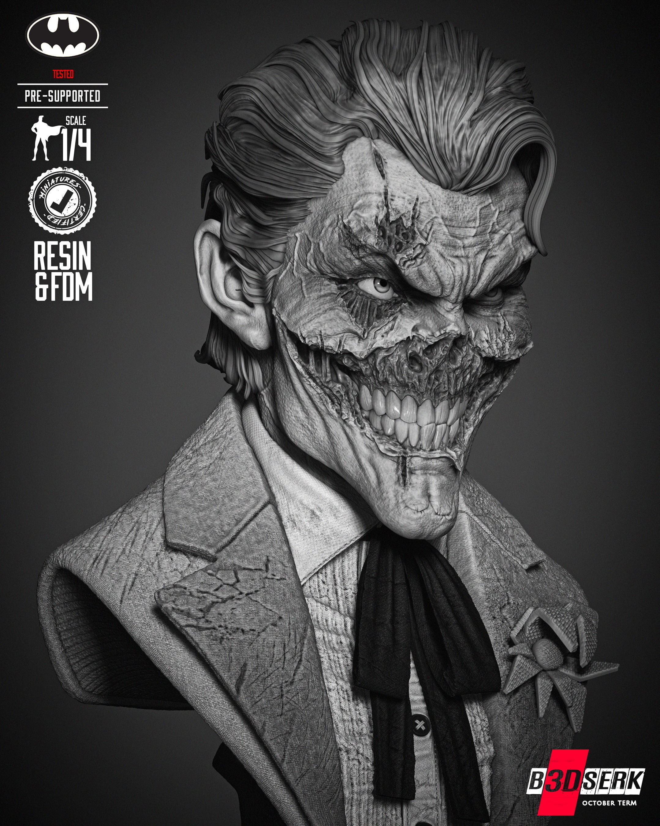 B3DSERK Joker Zombie Bust Portrait 3D print model_32