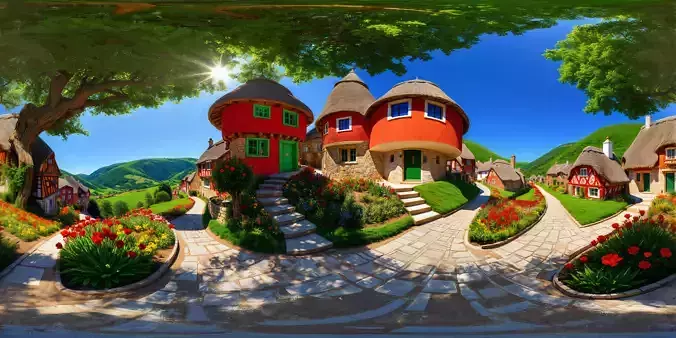 8K HDR Cartoon Village Skybox with Blue Sky background skybox