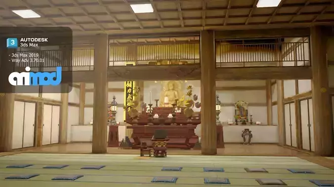 Japanese Temple With Interior Scene 3D model