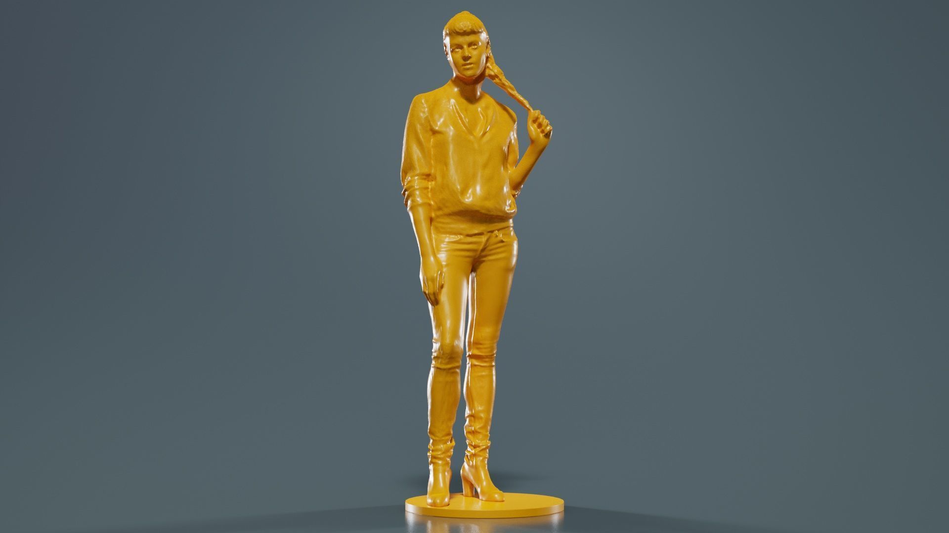 Woman Holding Braid in Jacket Jeans and Boots 3D print model_5