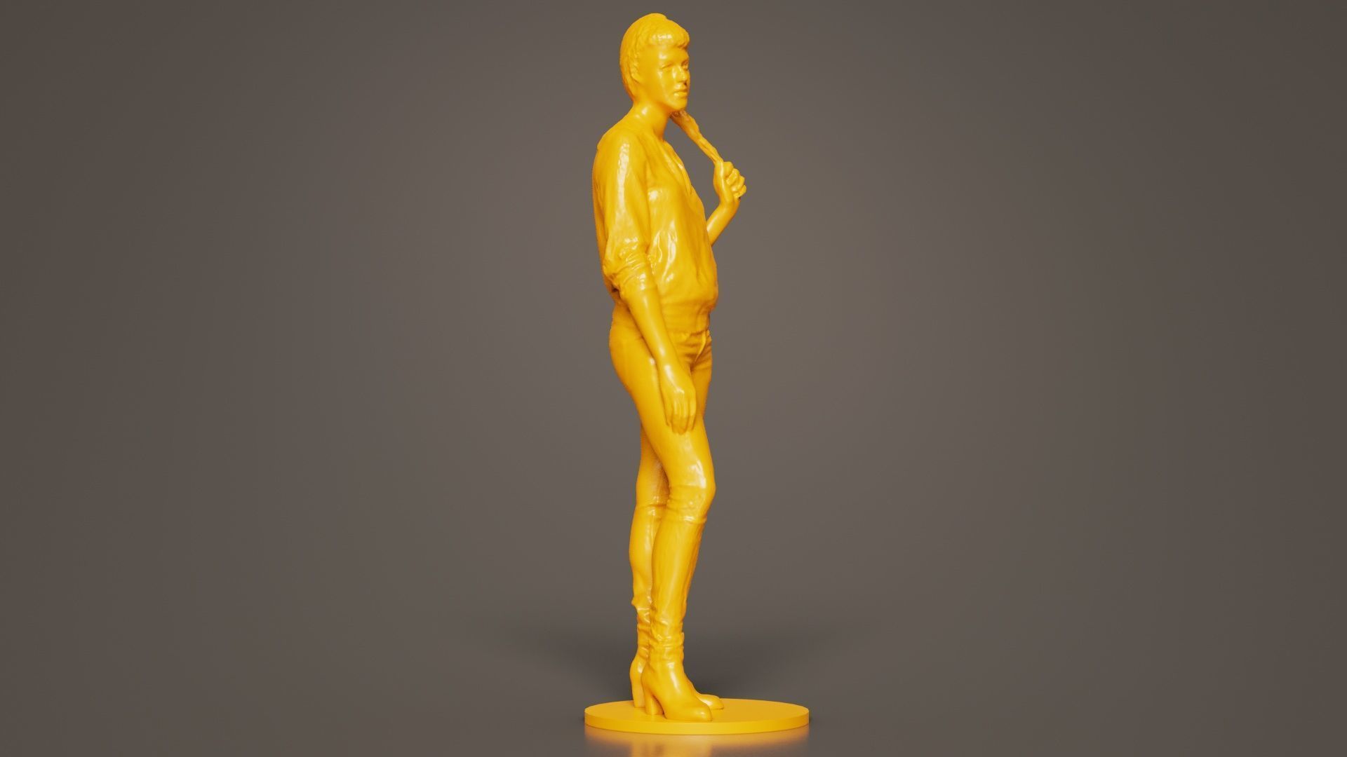 Woman Holding Braid in Jacket Jeans and Boots 3D print model_2