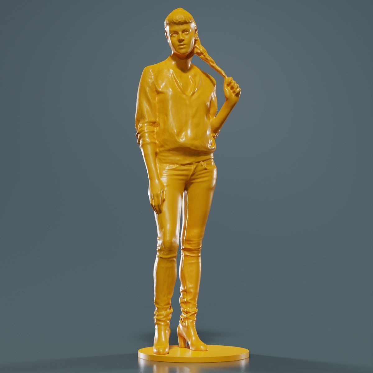 Woman Holding Braid in Jacket Jeans and Boots 3D print model_10