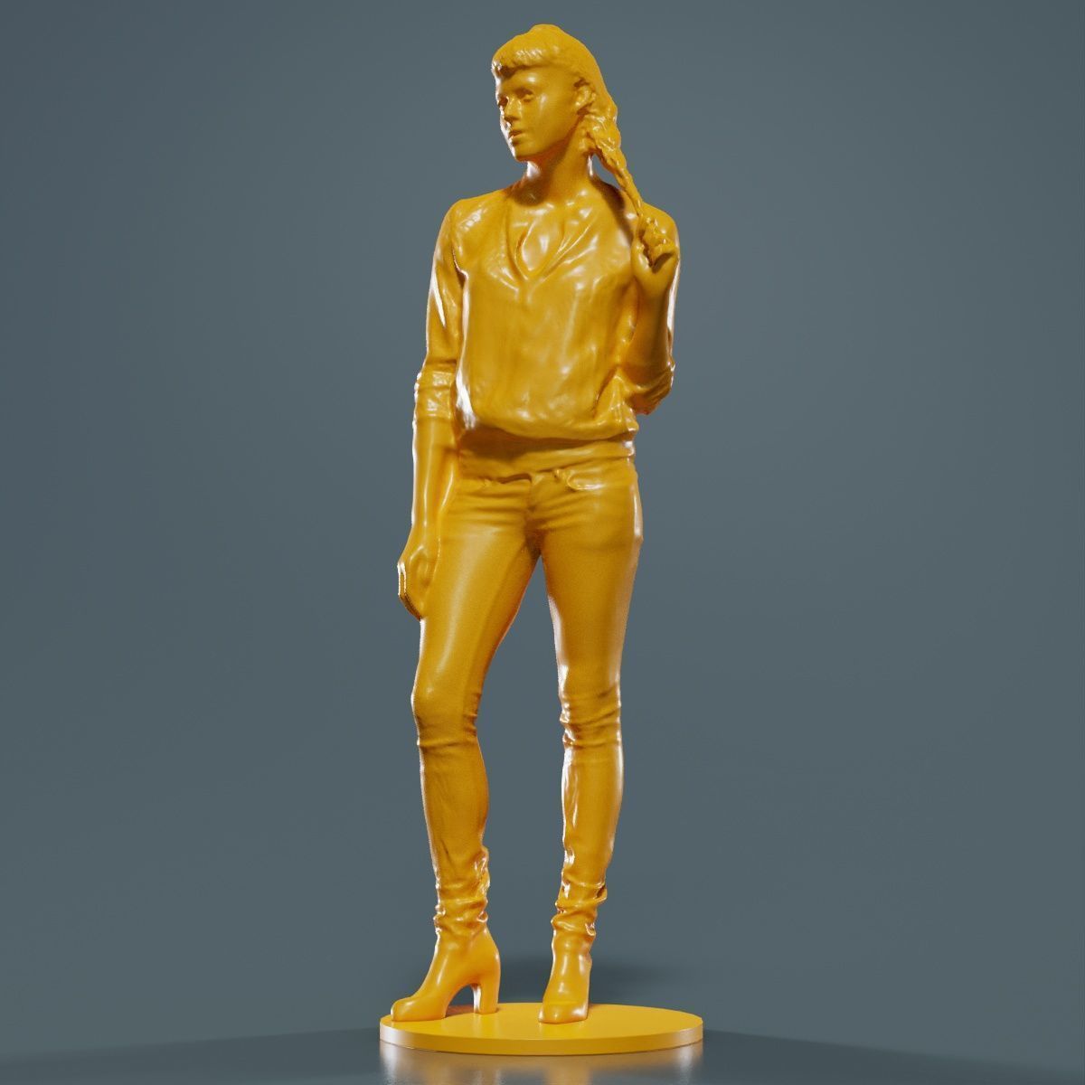 Woman Holding Braid in Jacket Jeans and Boots 3D print model_9