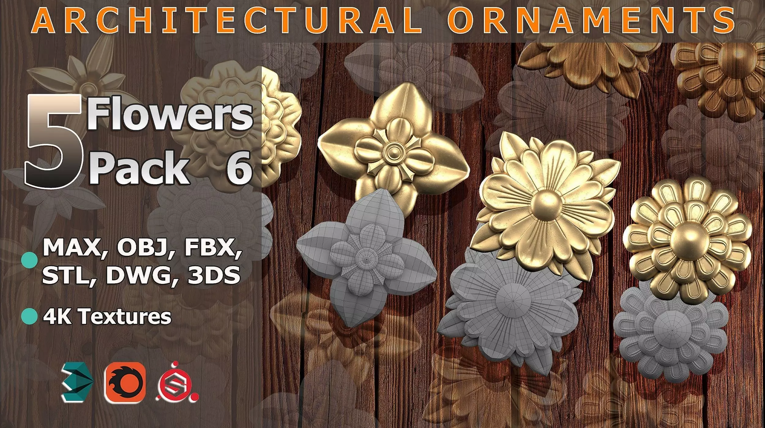5 Flowers Ornamental Pack 6 3D model_0