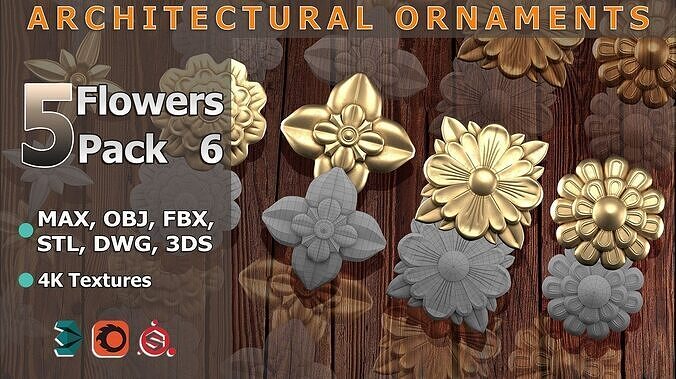 5 Flowers Ornamental Pack 6 3D model