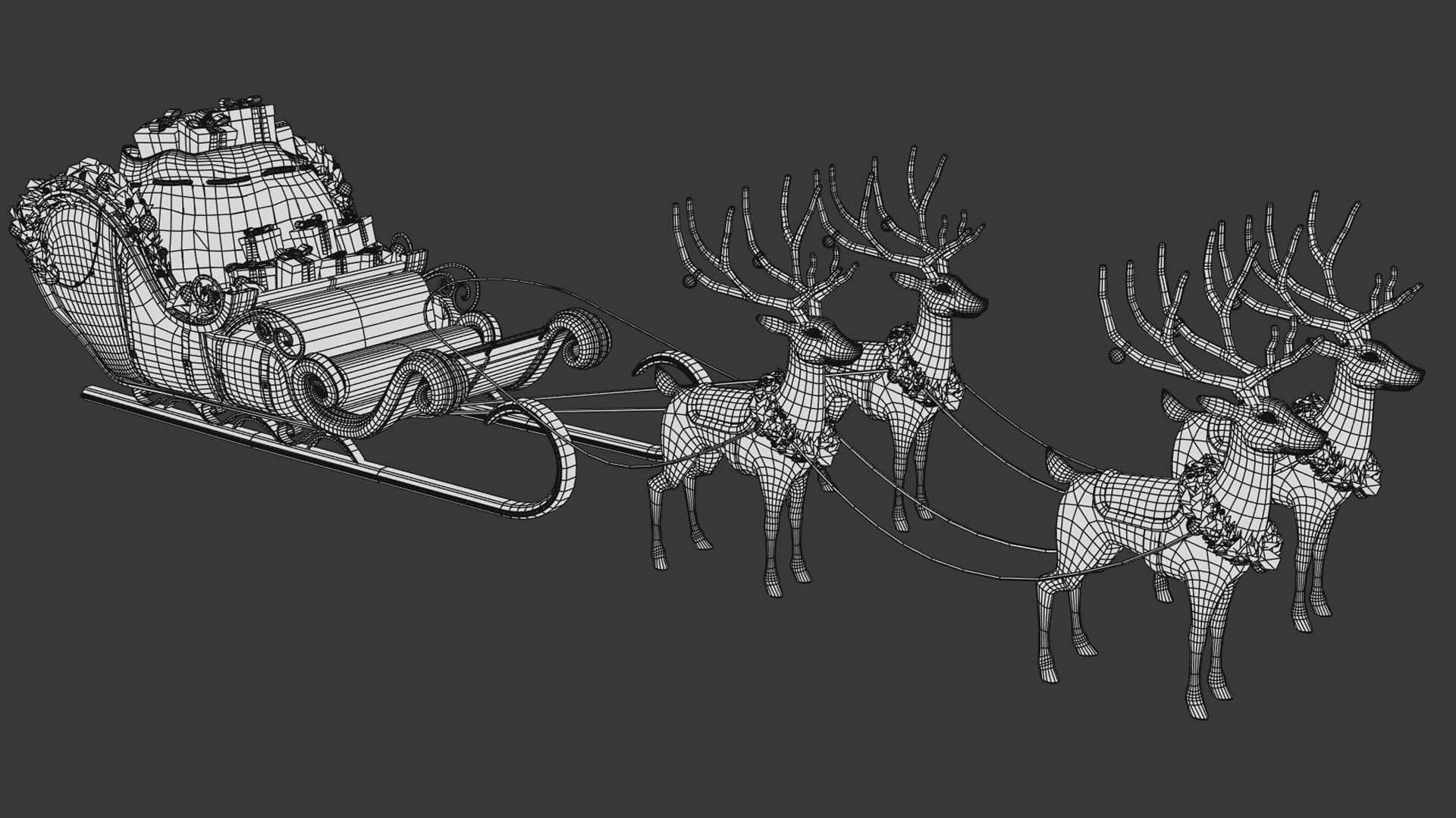 Santa Claus Sleigh with reindeers Low-poly 3D model_4