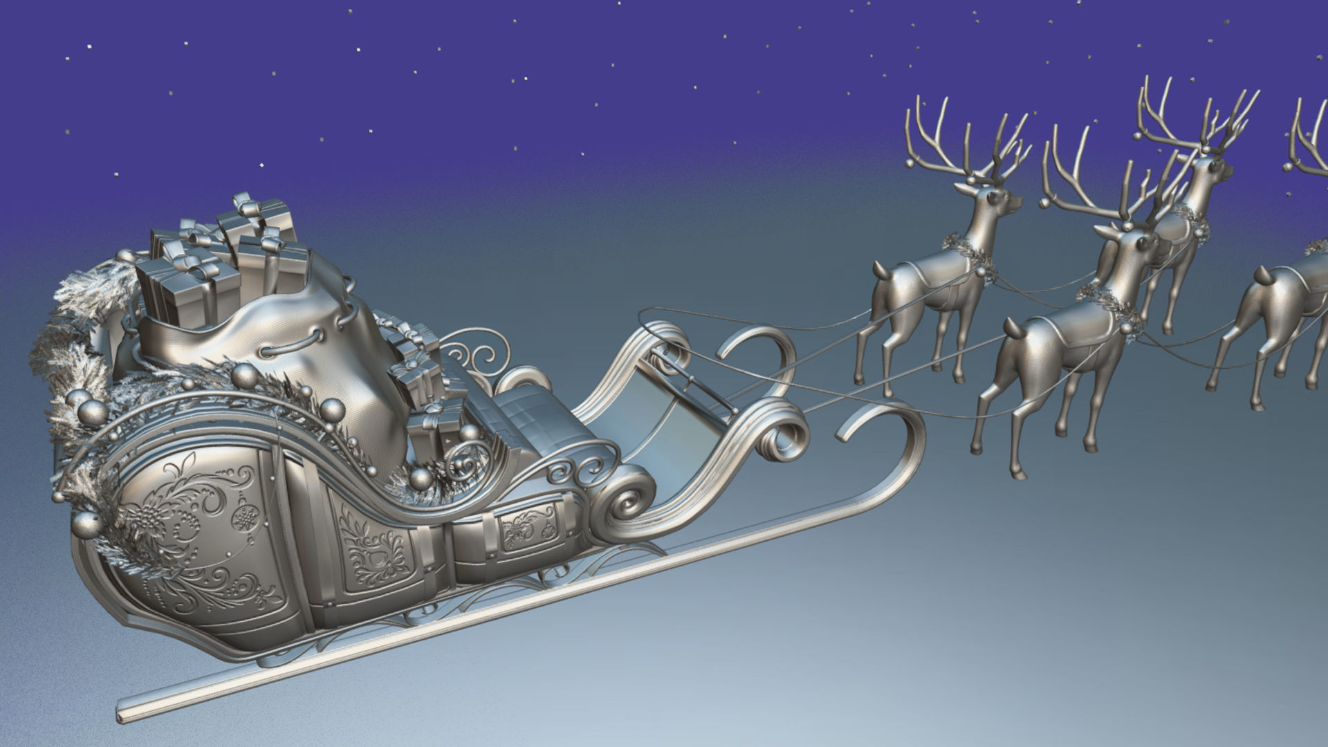 Santa Claus Sleigh with reindeers Low-poly 3D model_2