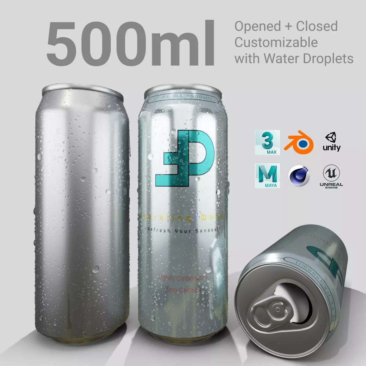 Regular 500ml Beverage Can Open and Closed Tabs with Droplets Low-poly 3D model_0