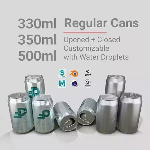 Regular Beverage Cans Set Open and Closed Tabs with Droplets 3D Model Collection