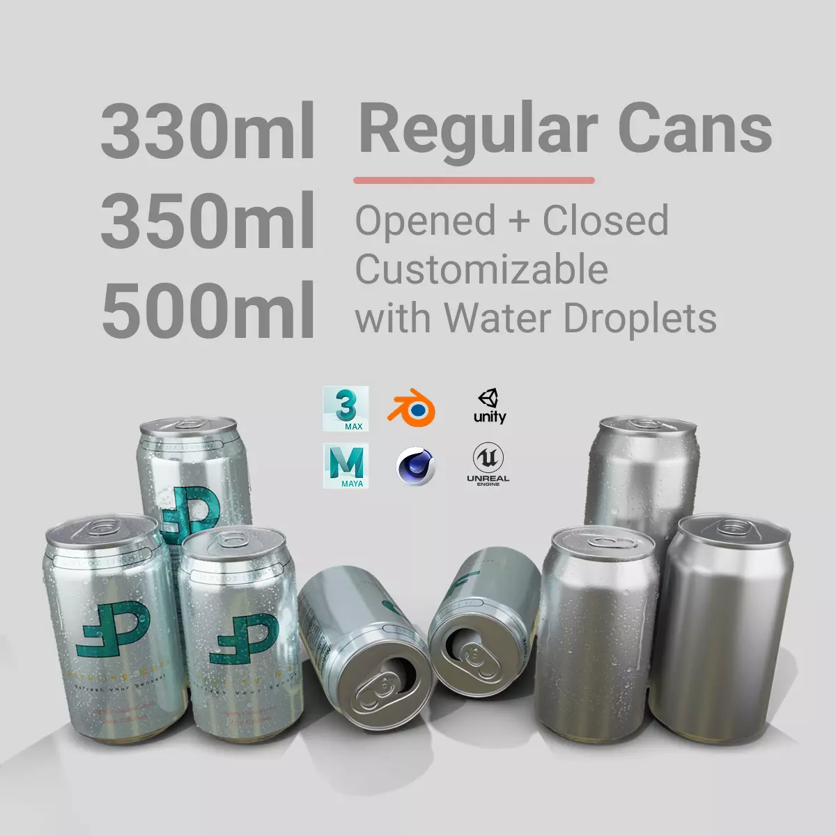 Regular Beverage Cans Set Open and Closed Tabs with Droplets 3D Model Collection_0