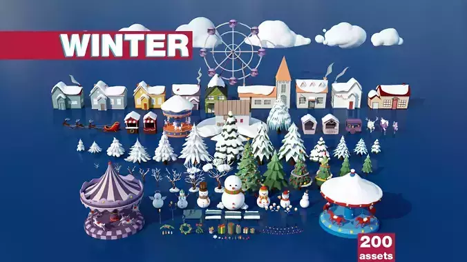 Stylized Winter City Asset Pack 200 assets Low-poly 3D model