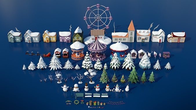 Stylized Winter City Asset Pack 200 Assets - Modular Environment Low-poly 3D model 3