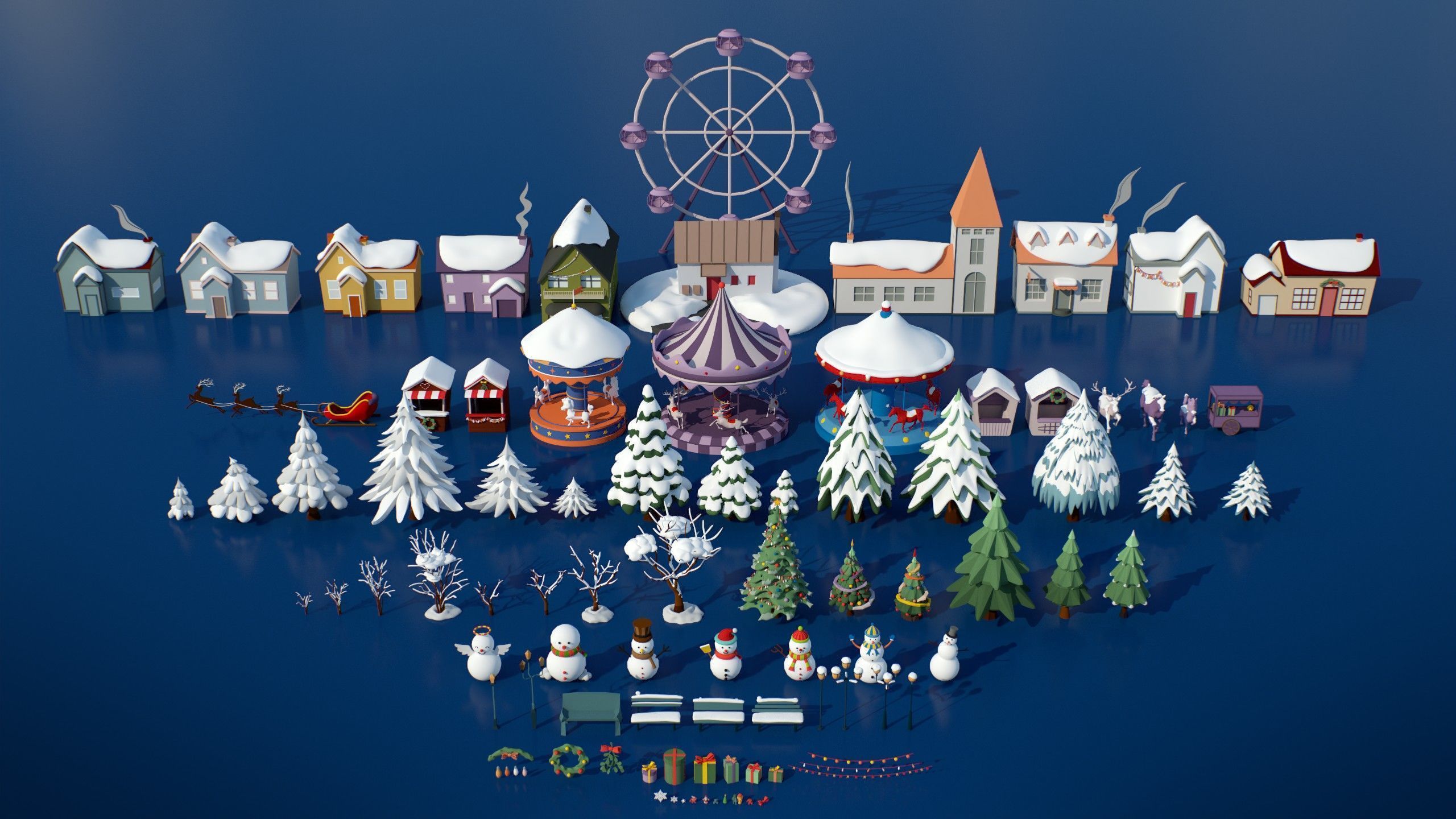 Stylized Winter City Asset Pack 200 Assets Low-poly 3D model_5