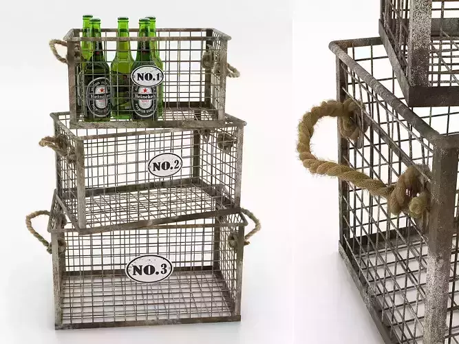 HEINEKEN Beer Bottles and Wire Baskets 3D model