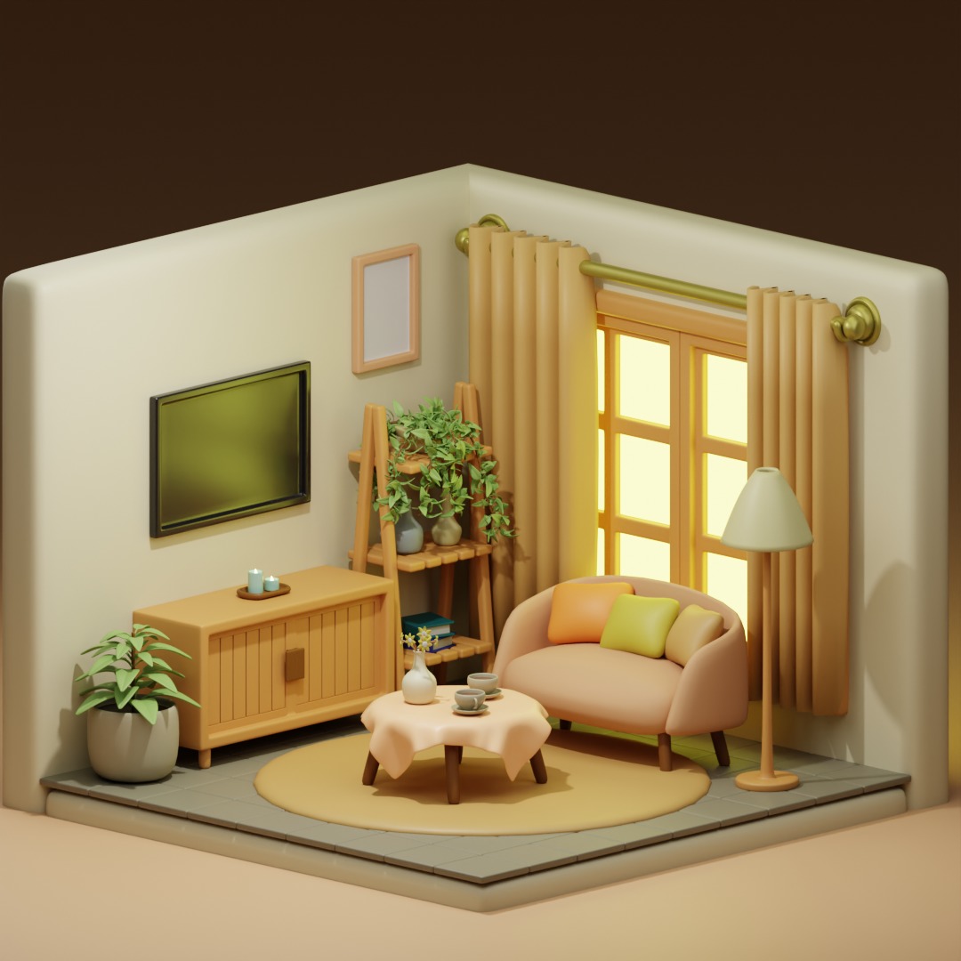 Interior-building cute living room isometric free 3D model | CGTrader