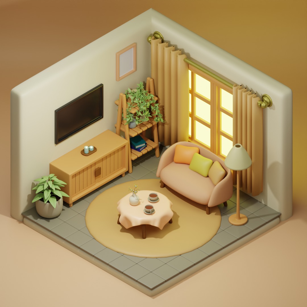 Interior-building cute living room isometric free 3D model | CGTrader