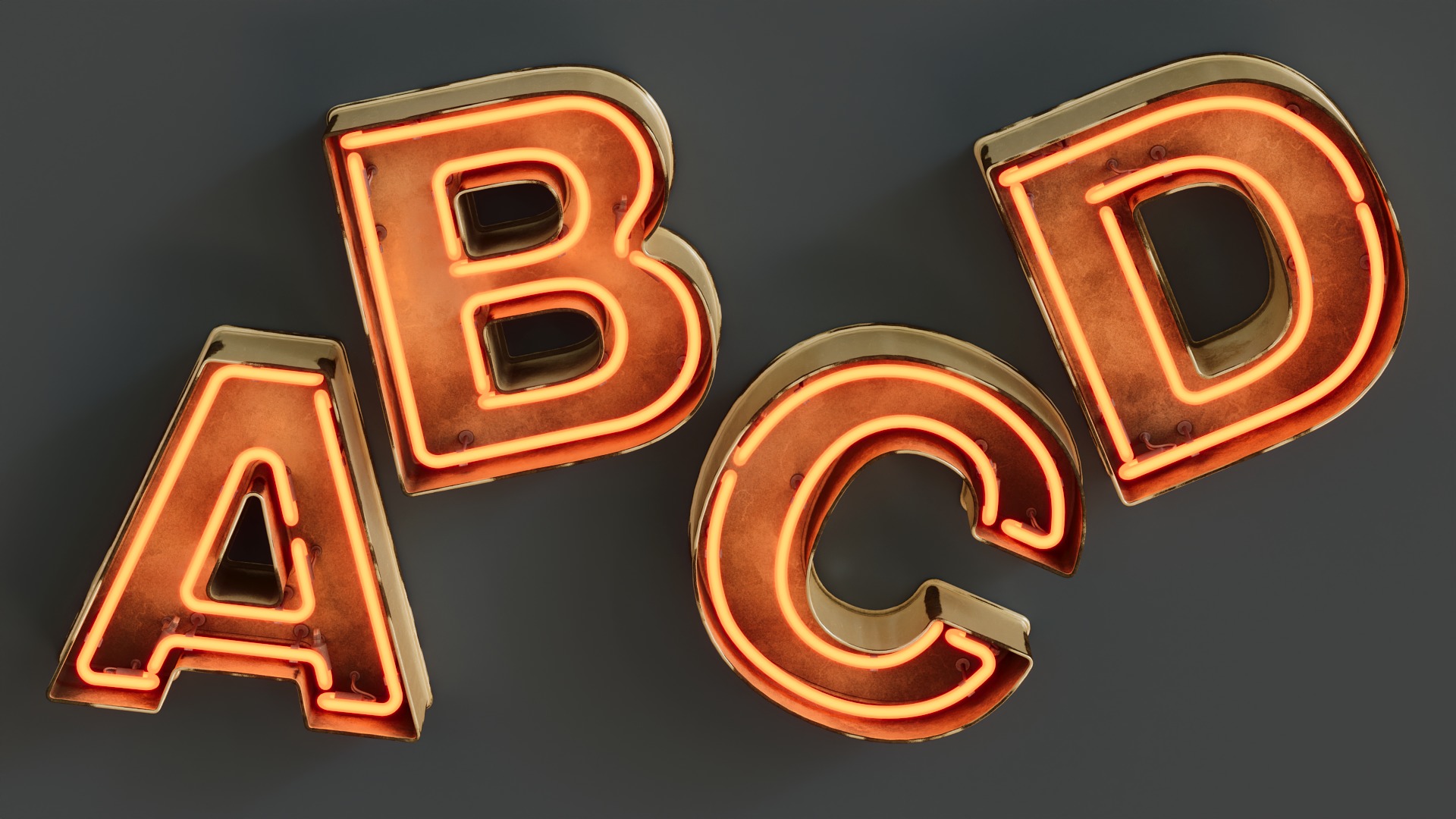 Vintage Metallic Yellow Rusty Neon Alphabet Pack 40 pcs 3D model_4