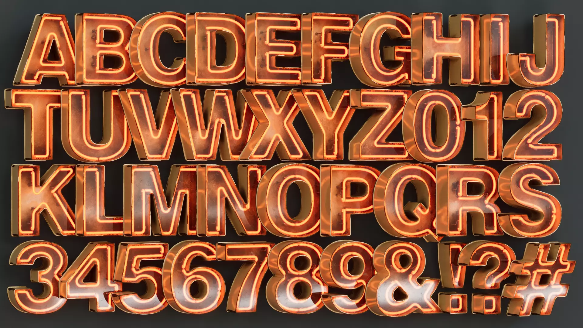 Vintage Metallic Yellow Rusty Neon Alphabet Pack 40 pcs 3D model_0