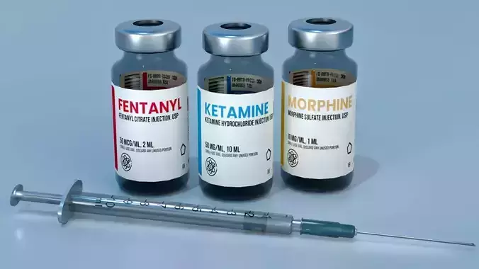 Realistic Syringe and Medicine Vials Fentanyl Morphine Ketamine Low-poly 3D model