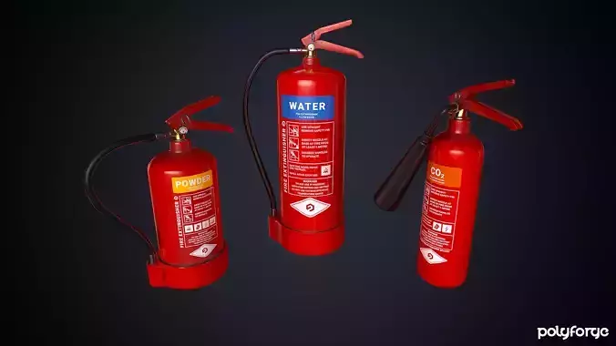 Fire Extinguisher Set - Water Powder C02 - Game Ready Low-poly 3D model