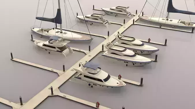 Piers and yachts Low-poly 3D model