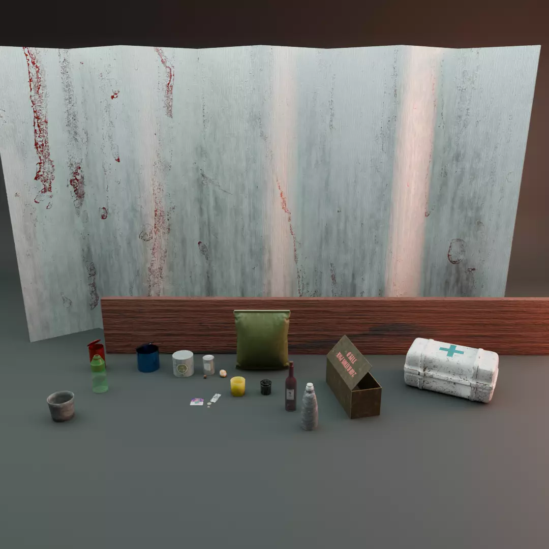 Post-Apocalyptic Survival Props And Rations Low-poly 3D model