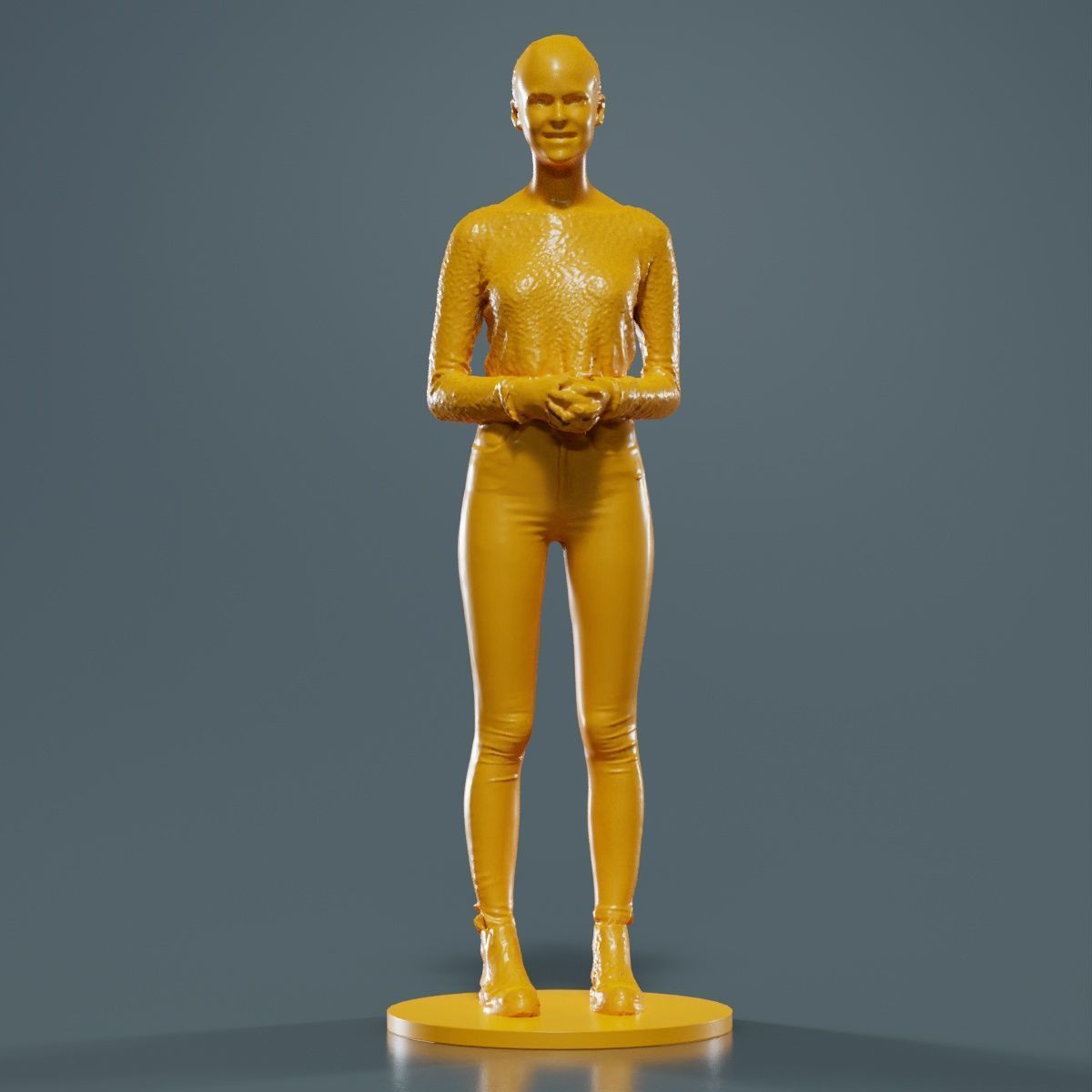 Woman Wearing Casual Outfit Folding Hands and Smiling 3D print model_9