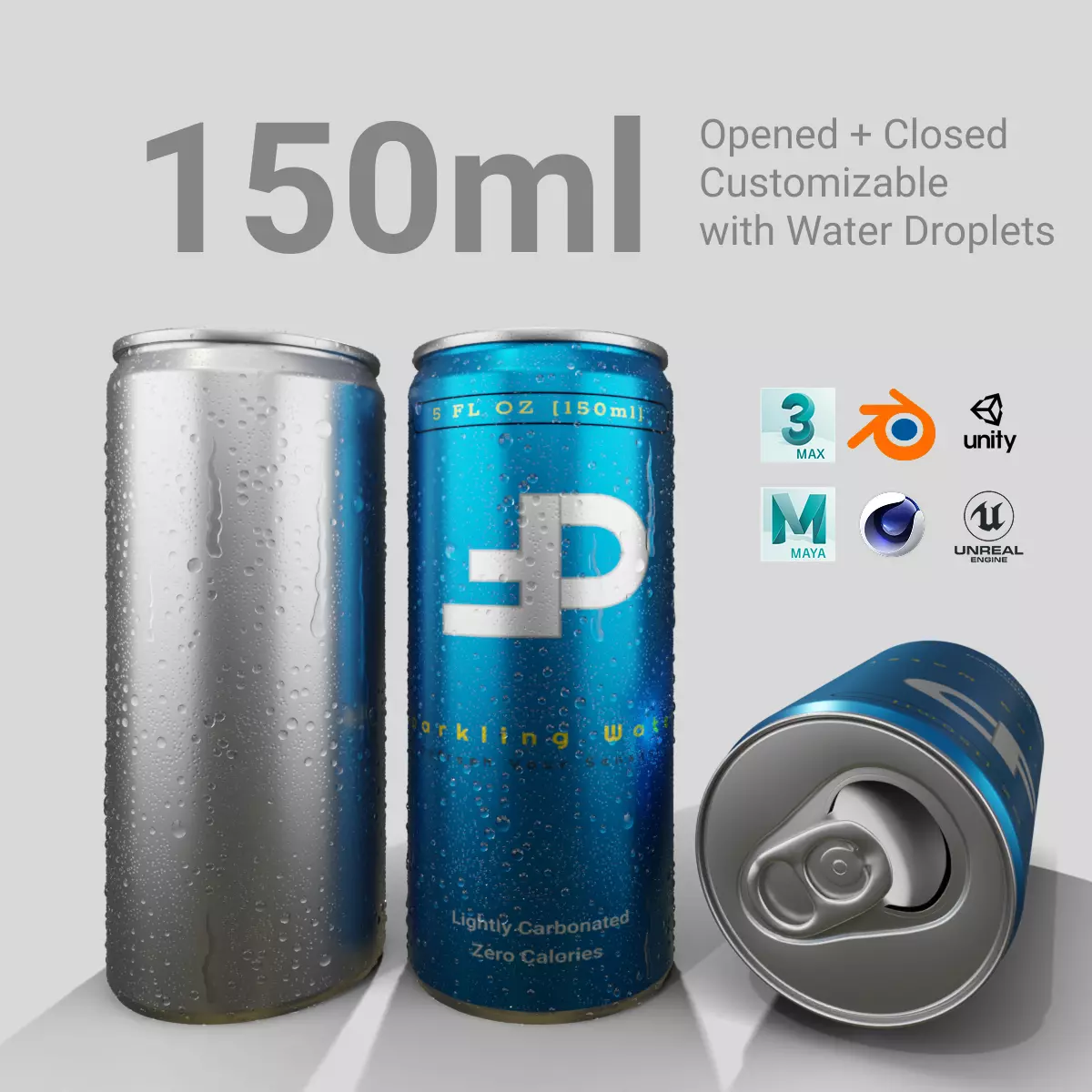 150ml Slim Beverage Can with Water Droplets Open and Closed Tabs Low-poly 3D model_0