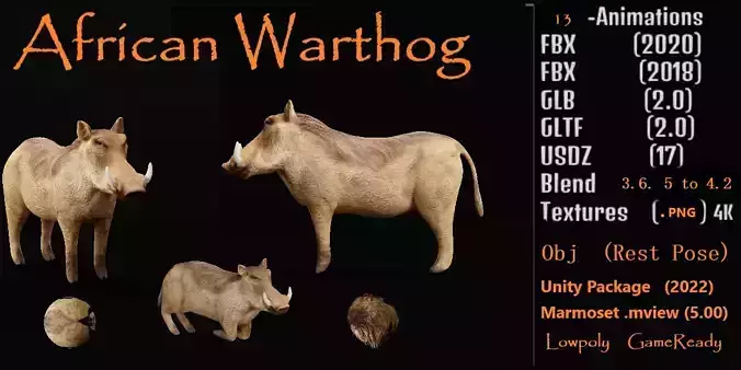 African Warthog Low-poly 3D model