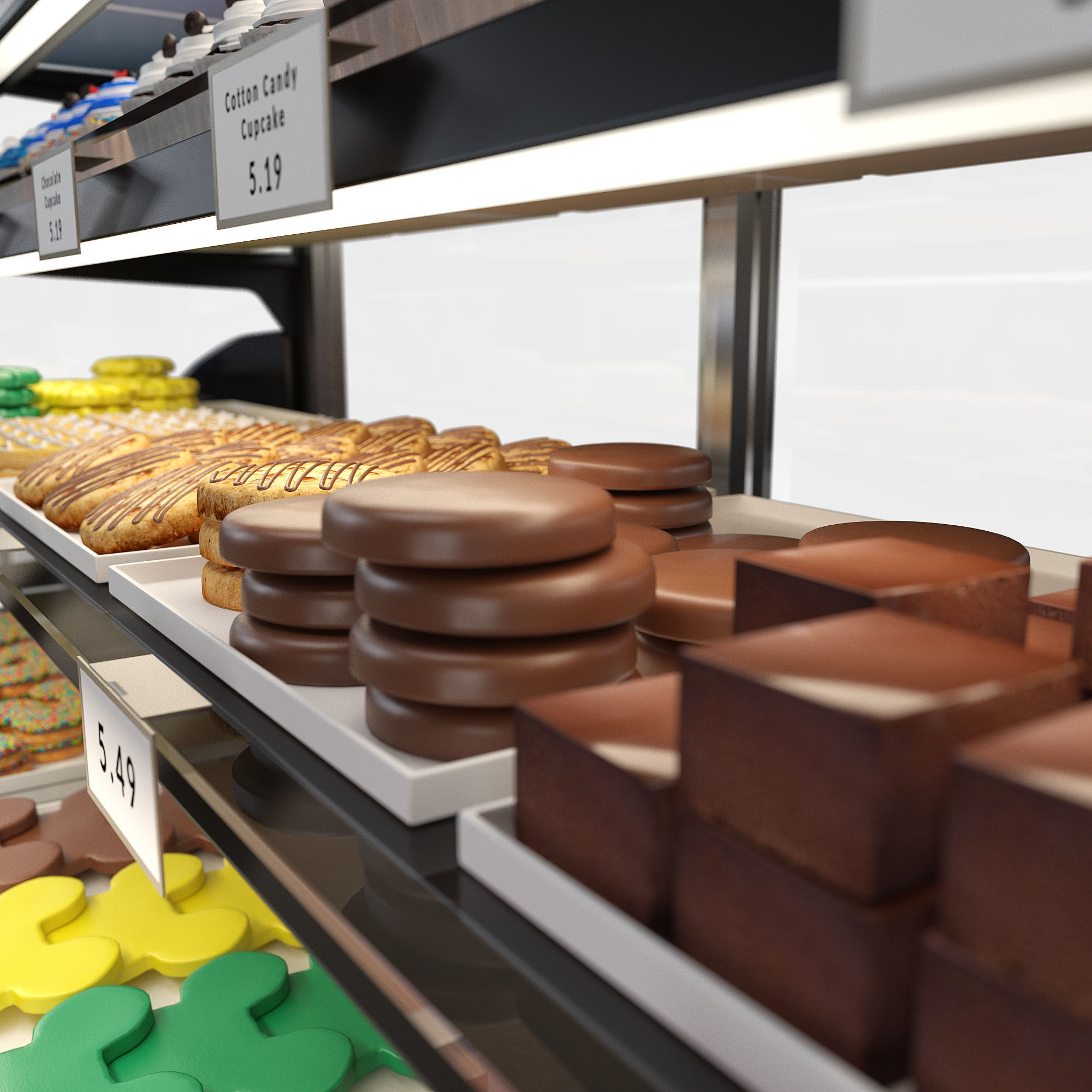 Candy-Themed Display Case with Cupcakes and Treats 3D model_5