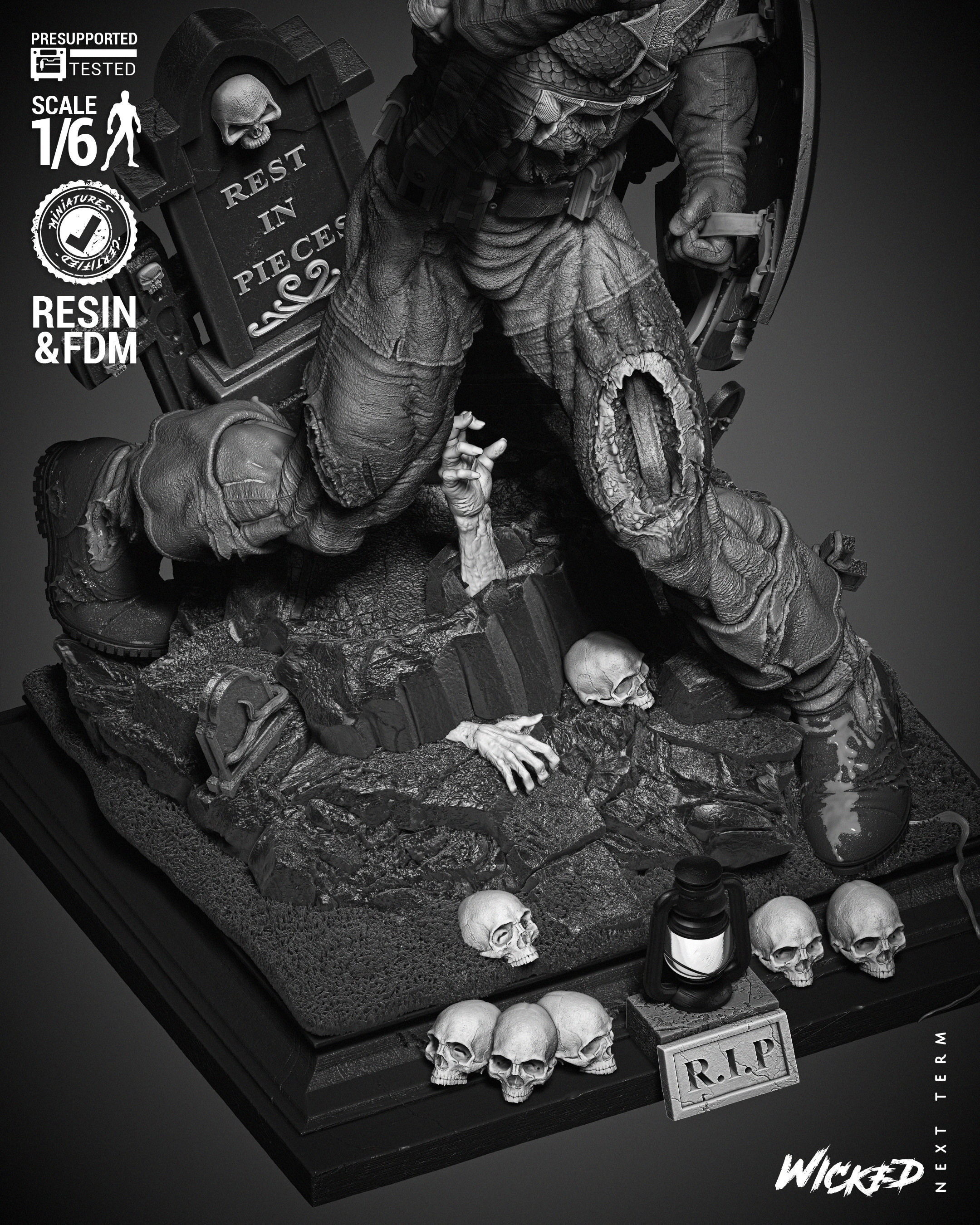 Wicked Marvel Captain America Zombie Sculpture 3D print model_27