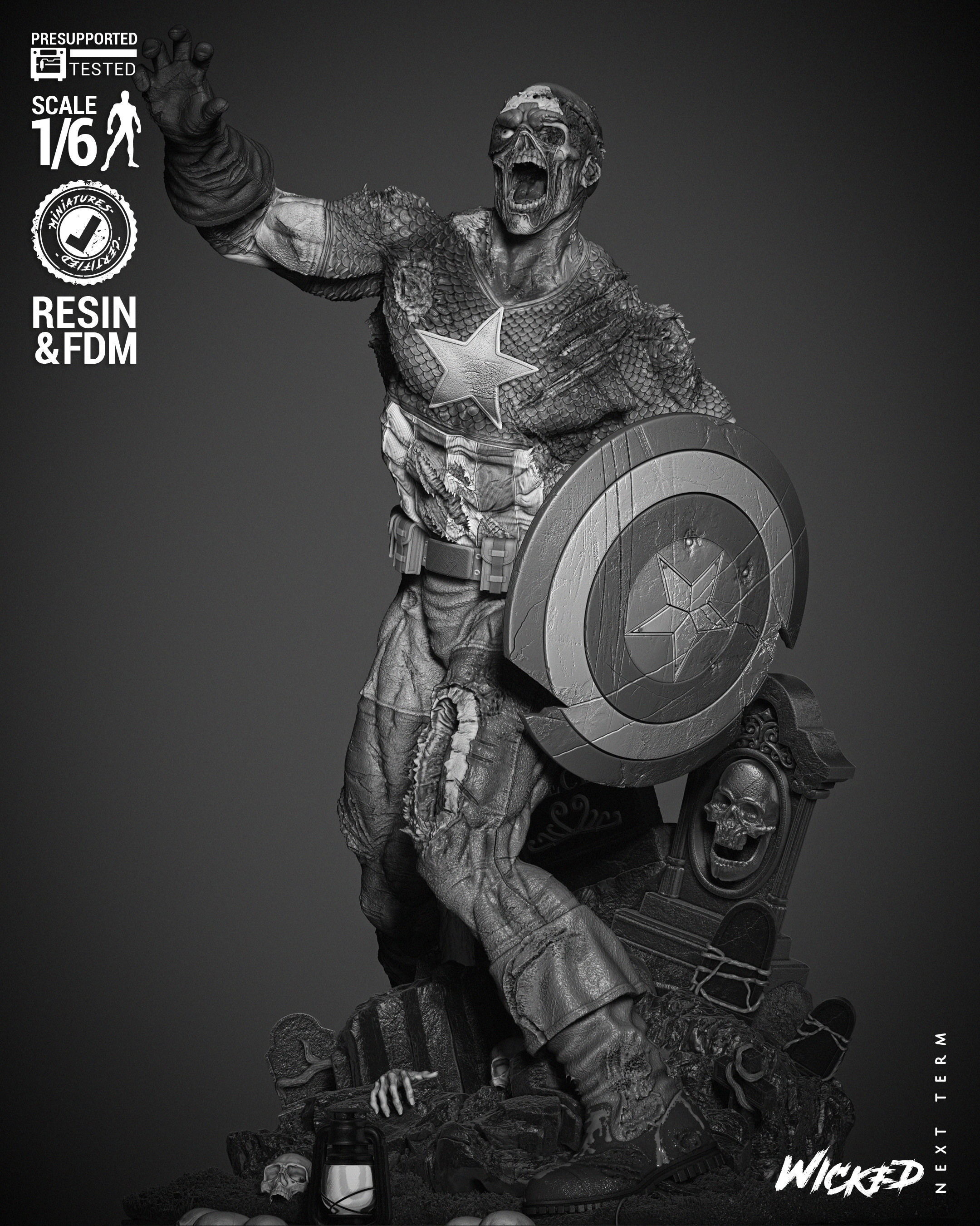 Wicked Marvel Captain America Zombie Sculpture 3D print model_7